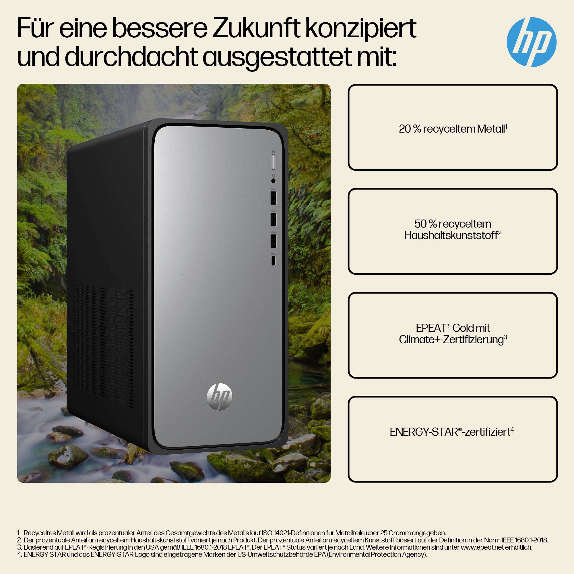 HP-Desktop-Tower auf Waldhintergrund, das nachhaltige Funktionen hervorhebt: 20 % recyceltes Metall, 50 % recyceltes Haushaltskunststoff, EPEAT Gold Climate+ und ENERGY STAR-Zertifizierung.