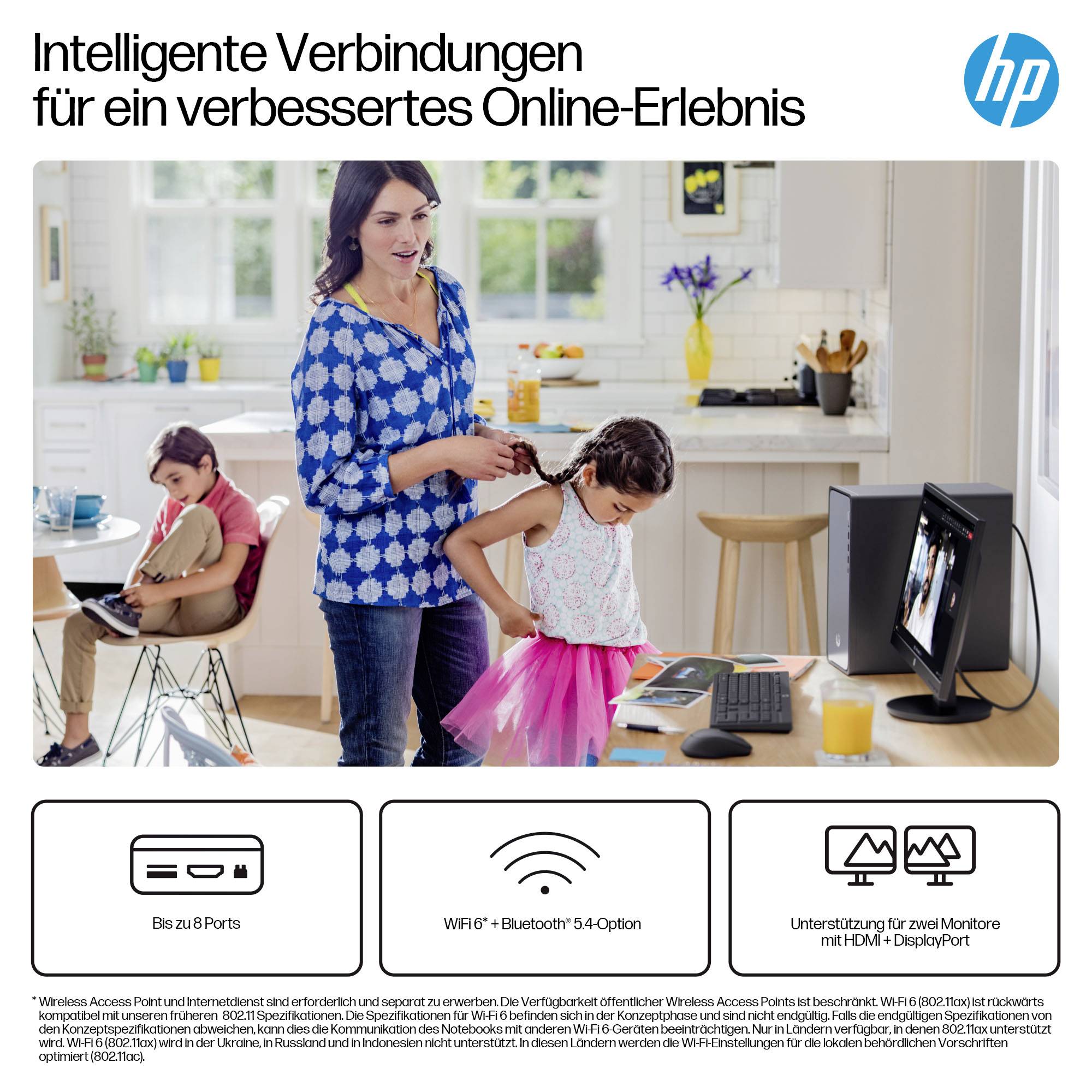 HP-Anzeige für verbessertes Online-Erlebnis mit einer Frau und zwei Kindern, die einen Heimcomputer nutzen, mit Hervorhebung der kabellosen Konnektivität, bis zu 8 Anschlüsse, Wi-Fi 6, Bluetooth 5.4 und Dual-Monitor-Unterstützung.