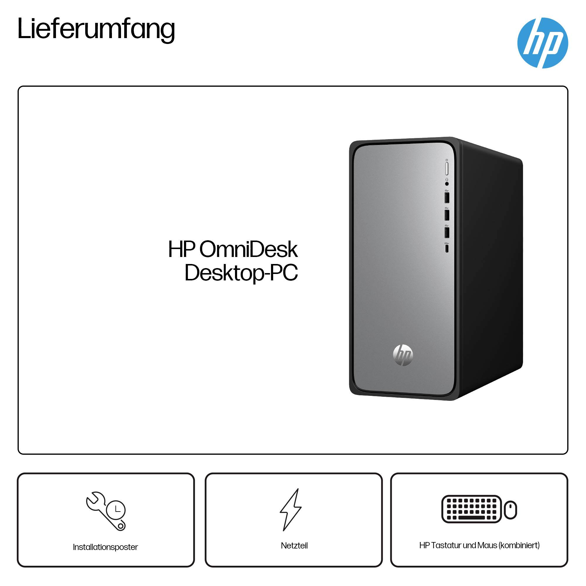 HP OmniDesk Desktop-PC Paketinhalt: Desktop-PC, Installationsplakat, Stromkabel und kombinierte HP-Tastatur und Maus.