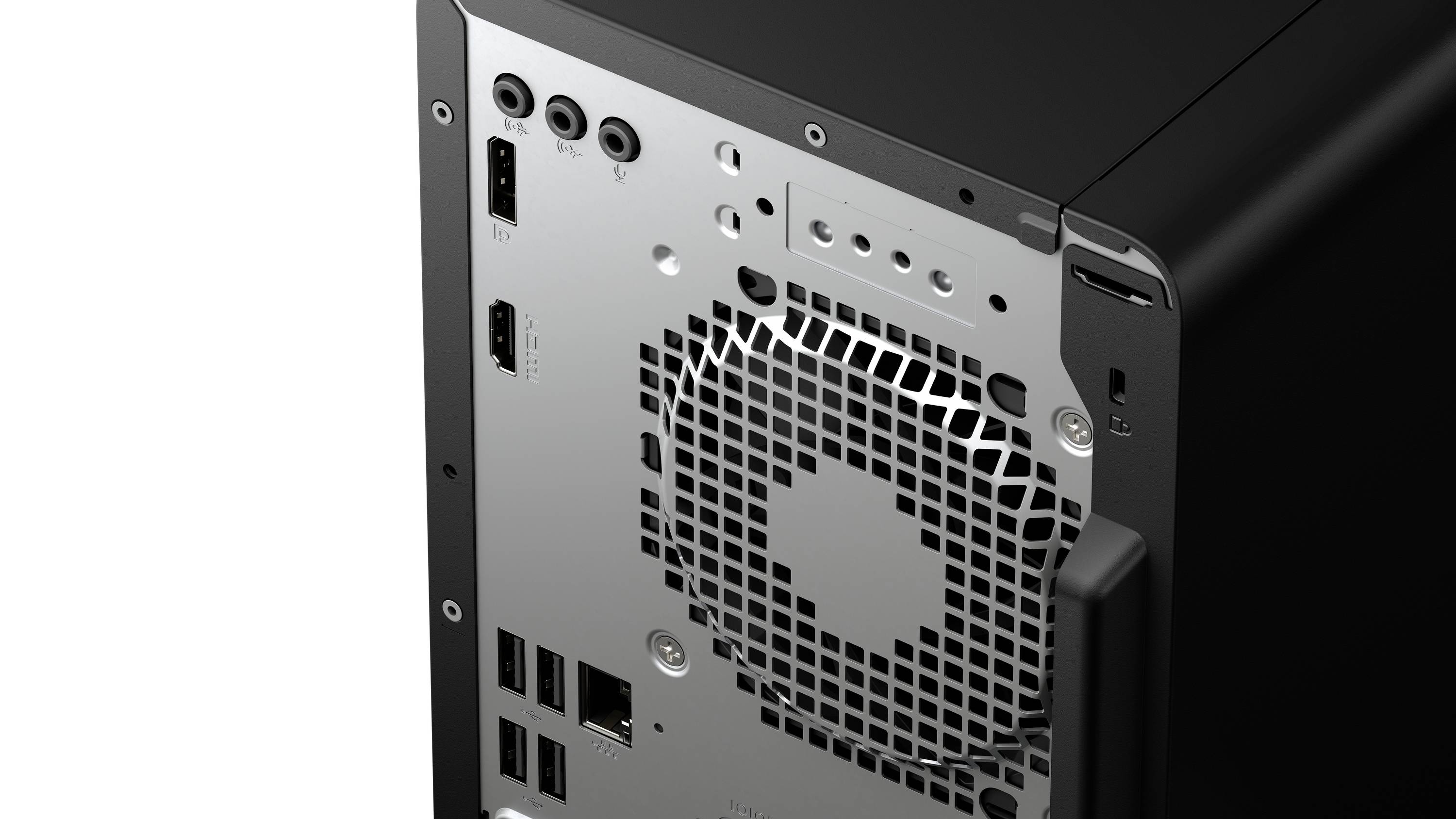Nahaufnahme der Rückseite eines Desktop-Computergehäuses, die das Gitter des Stromversorgungslüfters, Anschlüsse und Metallanschraubbohrungen zeigt.