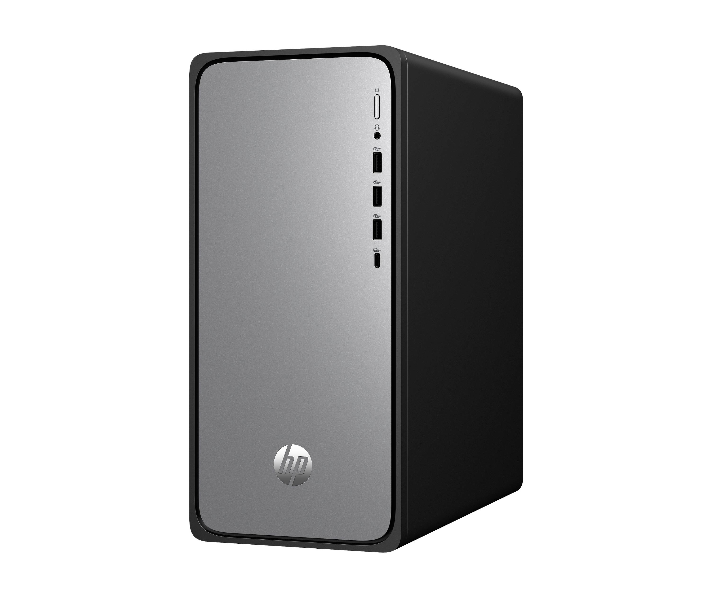 HP-Desktopcomputerturm mit silberner Frontblende, Ein-/Ausschalter und mehreren USB-Anschlüssen auf der rechten Seite.
