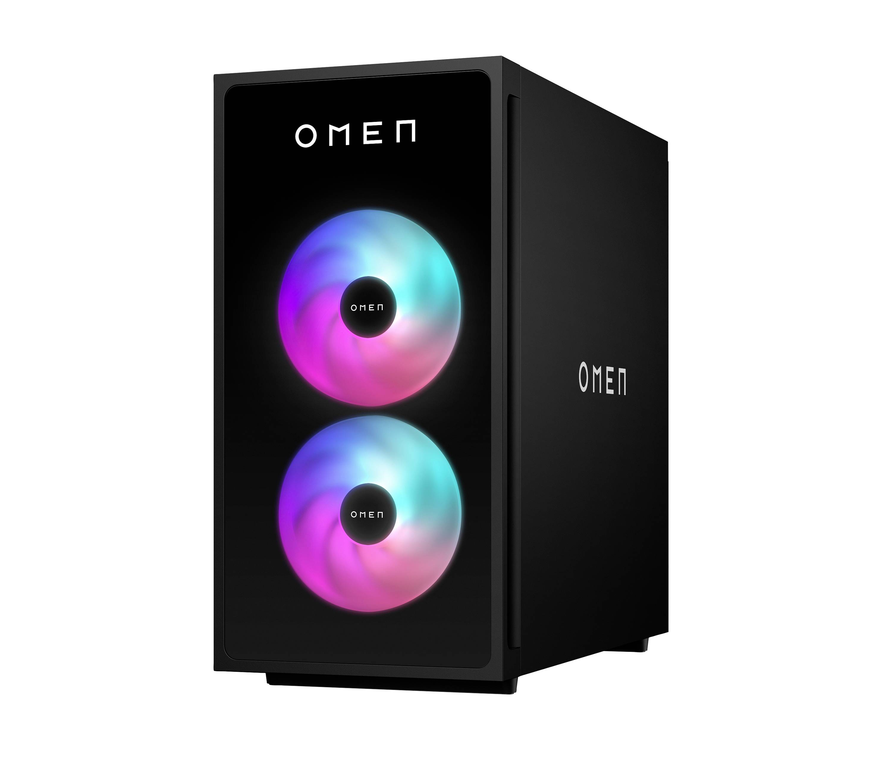 Schwarzer OMEN Gaming-Desktop-Tower mit zwei RGB-beleuchteten Frontlüftern und OMEN-Logo auf der Front- und Seitenseite.