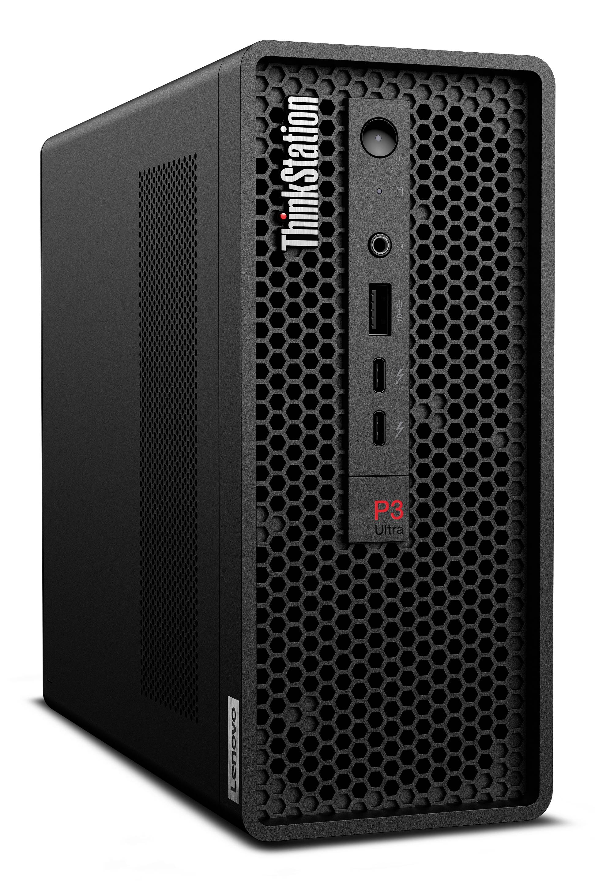 Lenovo ThinkStation P3 Ultra kompakter Desktop-Tower mit Wabenfront-Gitter, vertikalem Logo und vorderen USB-Anschlüssen.