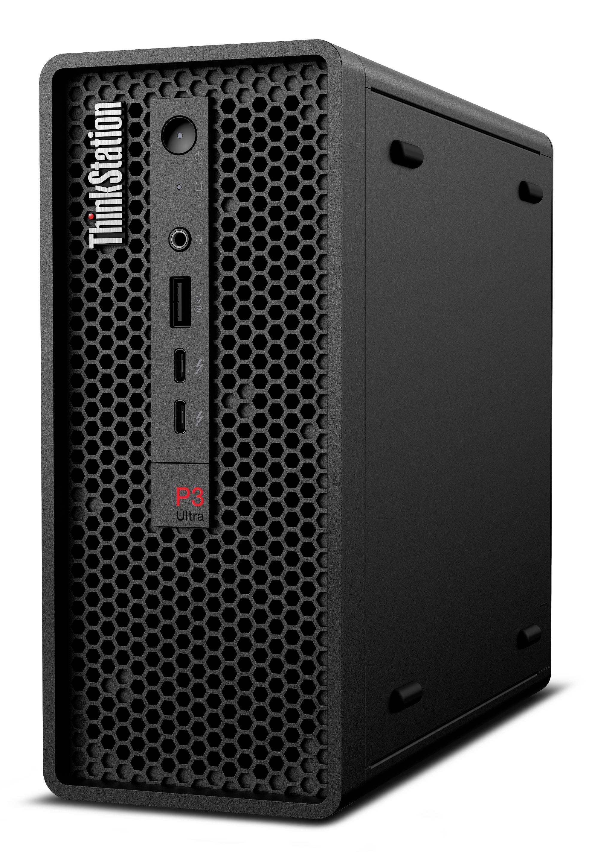 Schwarzer Lenovo ThinkStation P3 Ultra Desktop-Tower, von vorne und von der Seite gezeigt, mit Wabenrost und vorderen Anschlüssen.