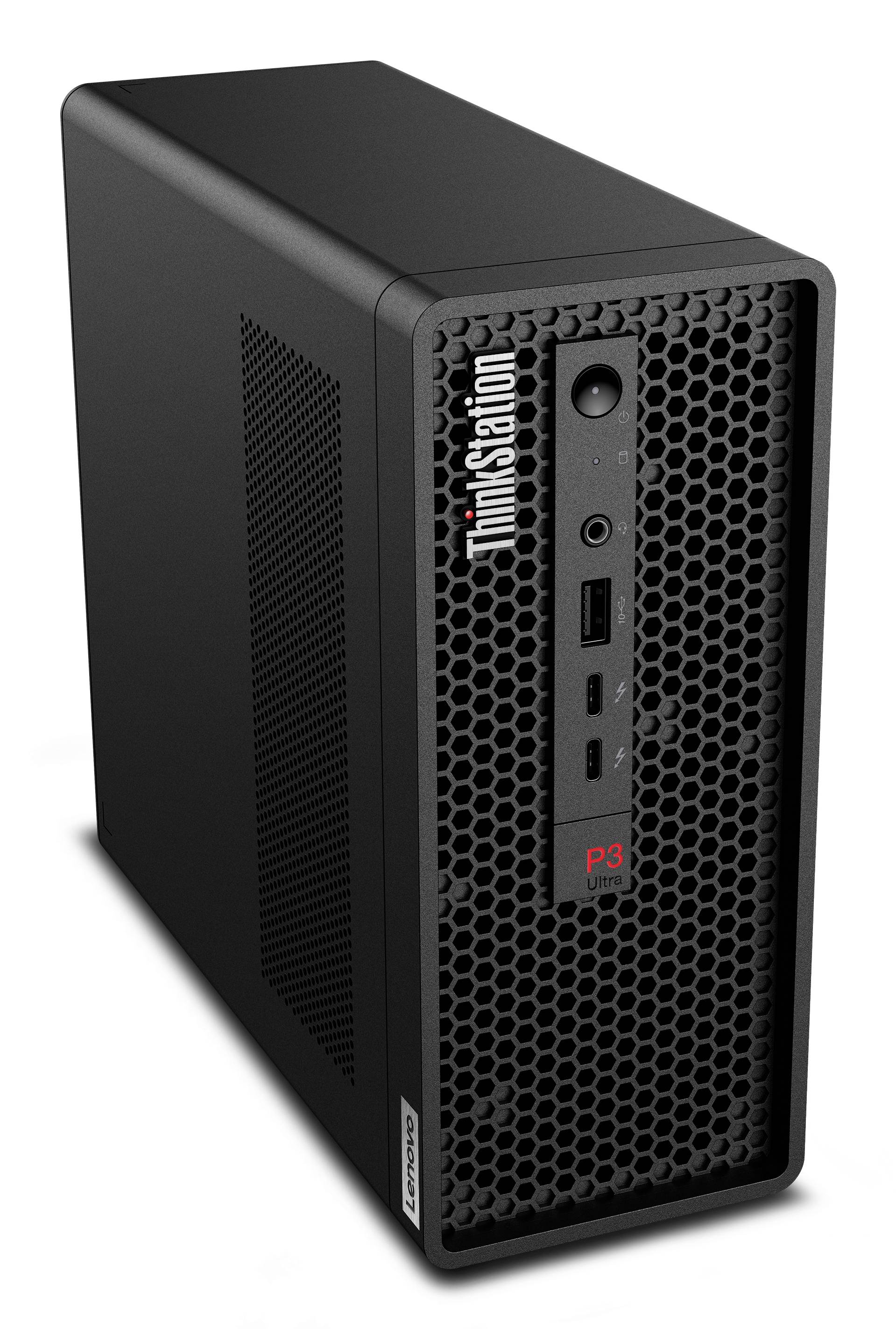 Schwarzer Lenovo ThinkStation P3 Desktop-Tower mit vorderer Wabenstruktur-Blende, Einschalter, USB-Anschlüssen und vertikalem ThinkStation-Logo.