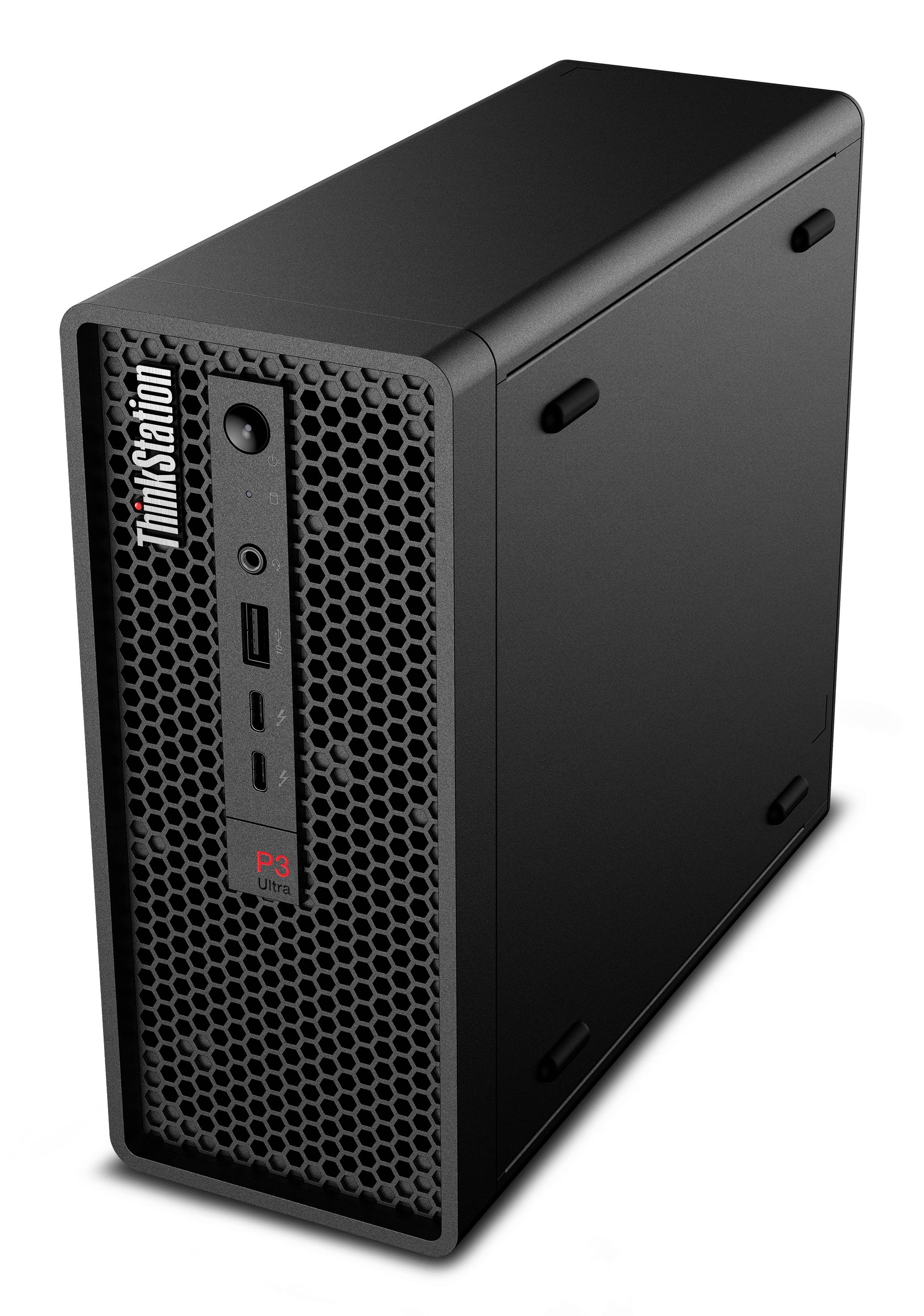 Schwarzer Lenovo ThinkStation Desktop-Tower mit Wabenstruktur-Frontgrill und Front-USB-Anschlüssen, perspektivisch auf weißem Hintergrund dargestellt.