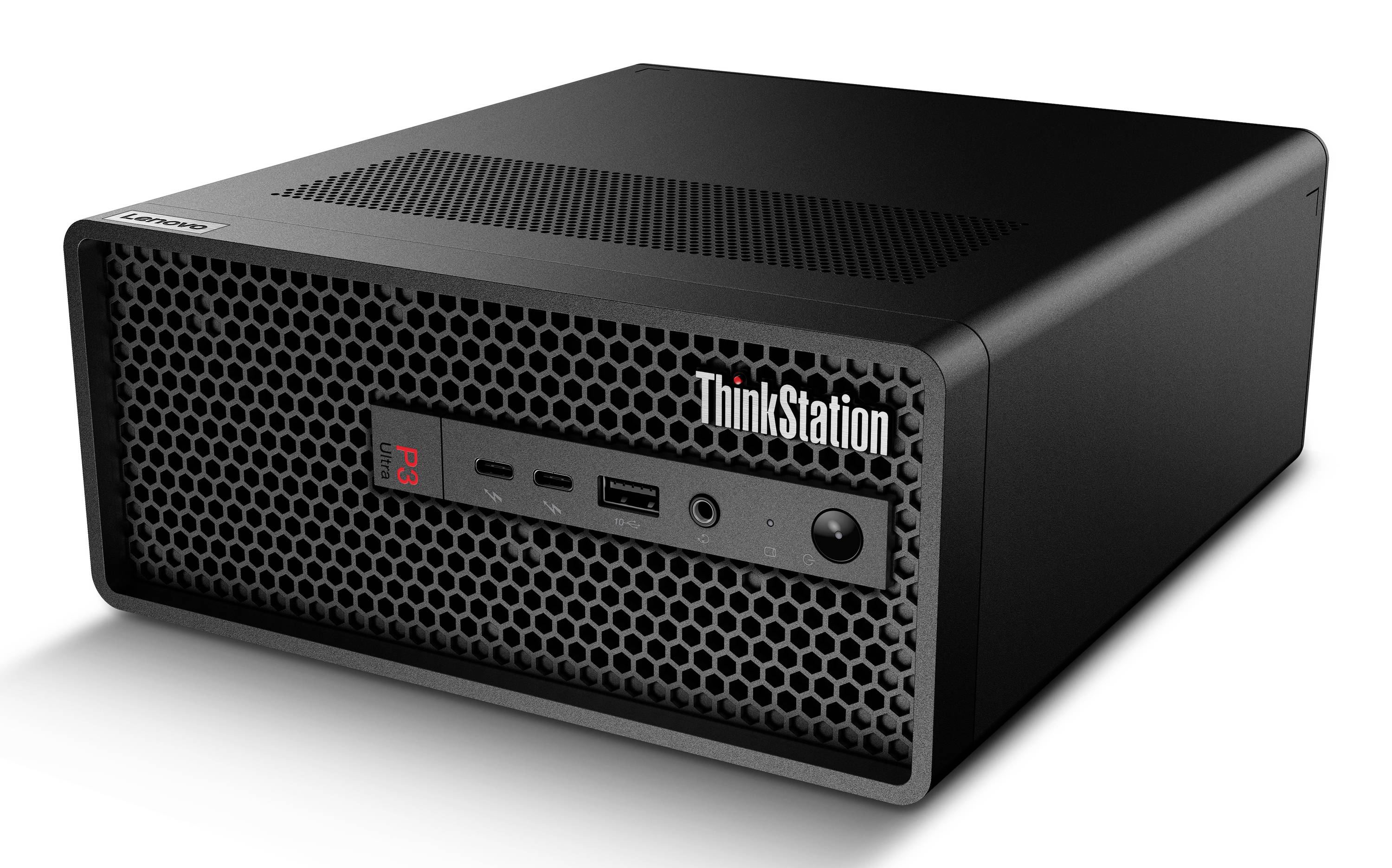 Schwarzer Lenovo ThinkStation Desktop-Workstation-Tower mit vorderen USB-Anschlüssen, Audiobuchse, Power-Button und sechseckigem Gitter