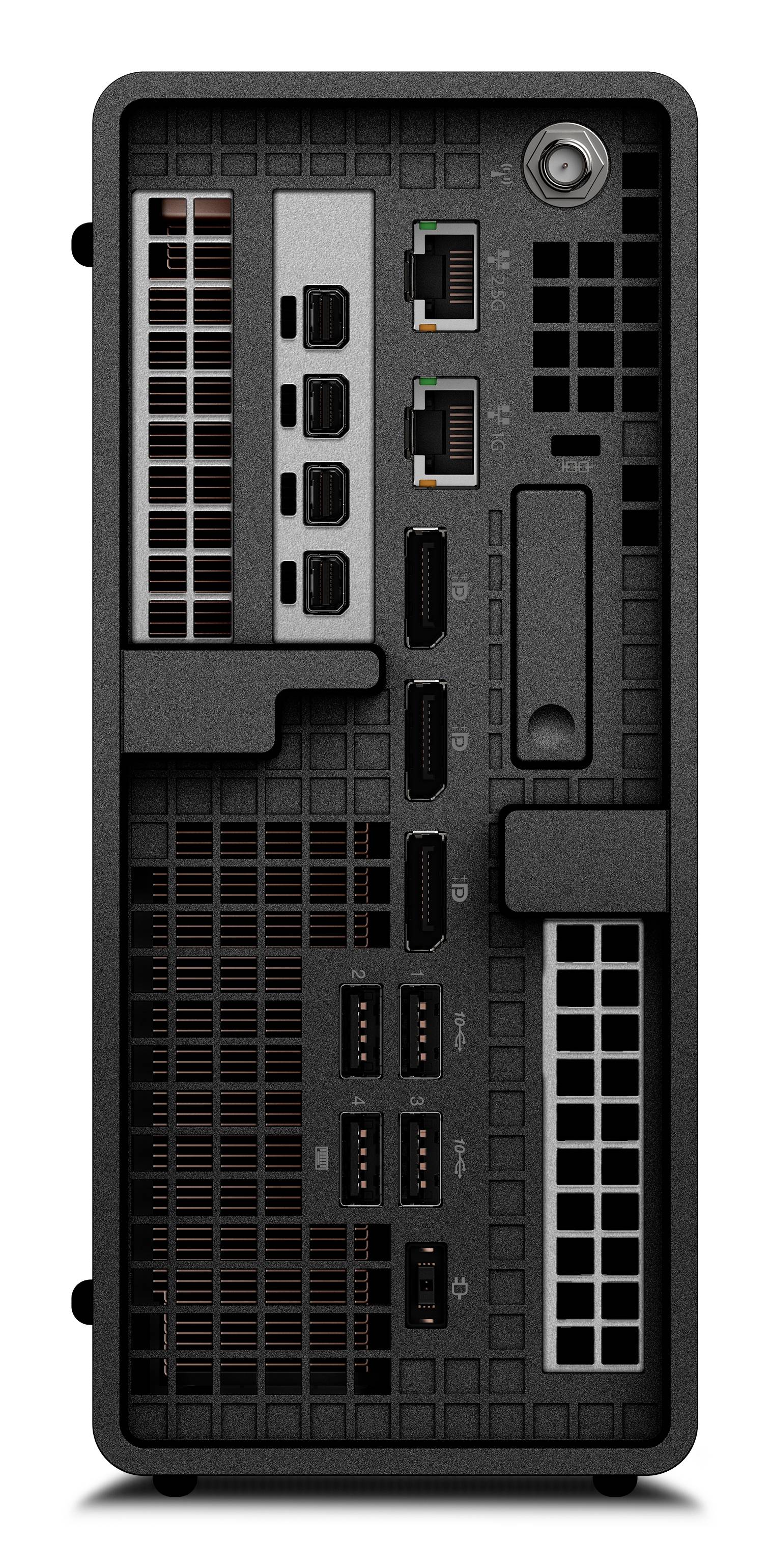 Rückseite eines Desktop-Computergehäuses, die das Netzteil, Erweiterungssteckplätze, Kühlungslüftungsöffnungen und hintere Ein-/Ausgabeanschlüsse zeigt.