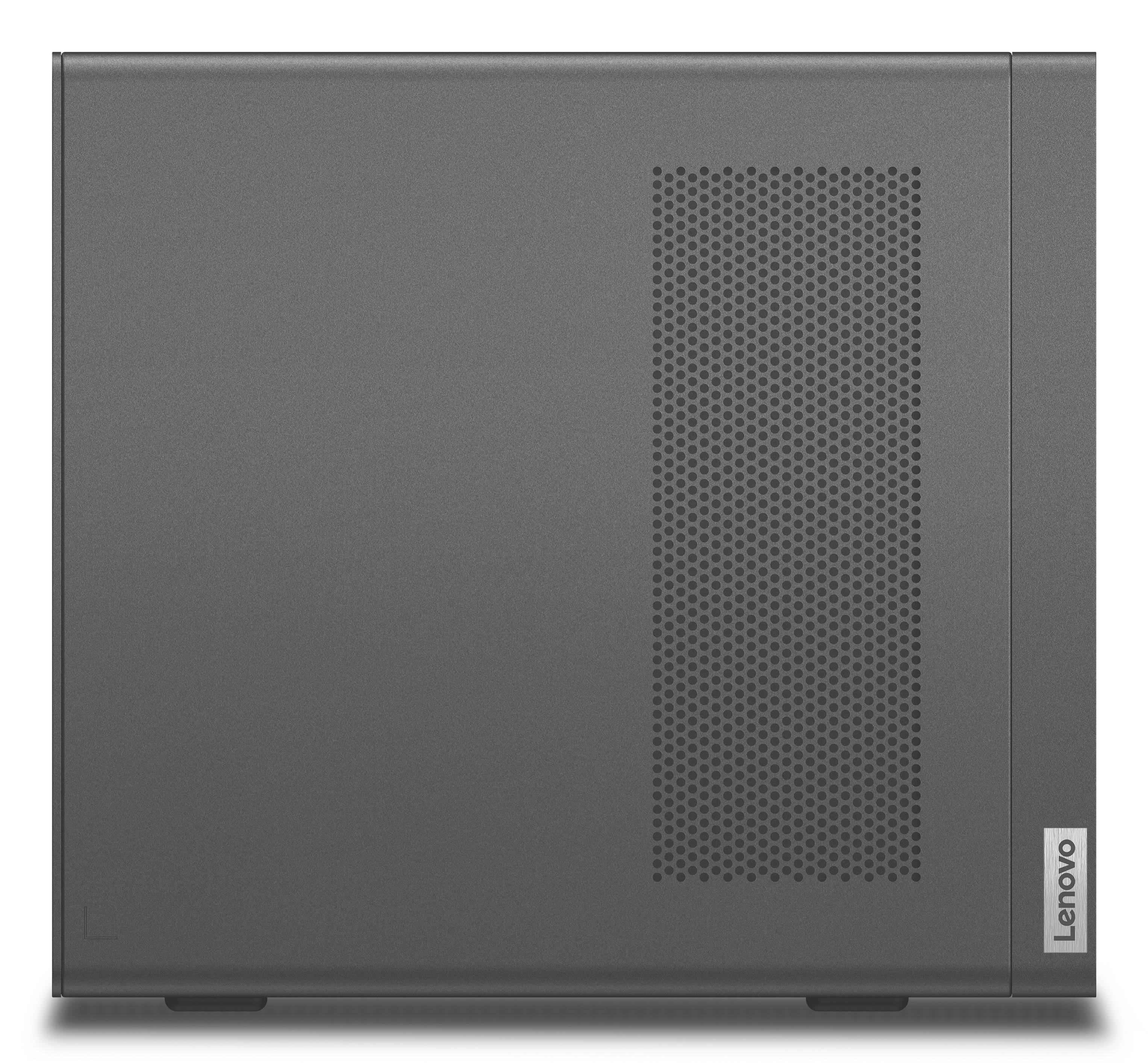 Geschlossener grauer Lenovo-Laptop mit geschlossenem Deckel, perforiertem Belüftungspanel und Lenovo-Logo auf der unteren rechten Seite.