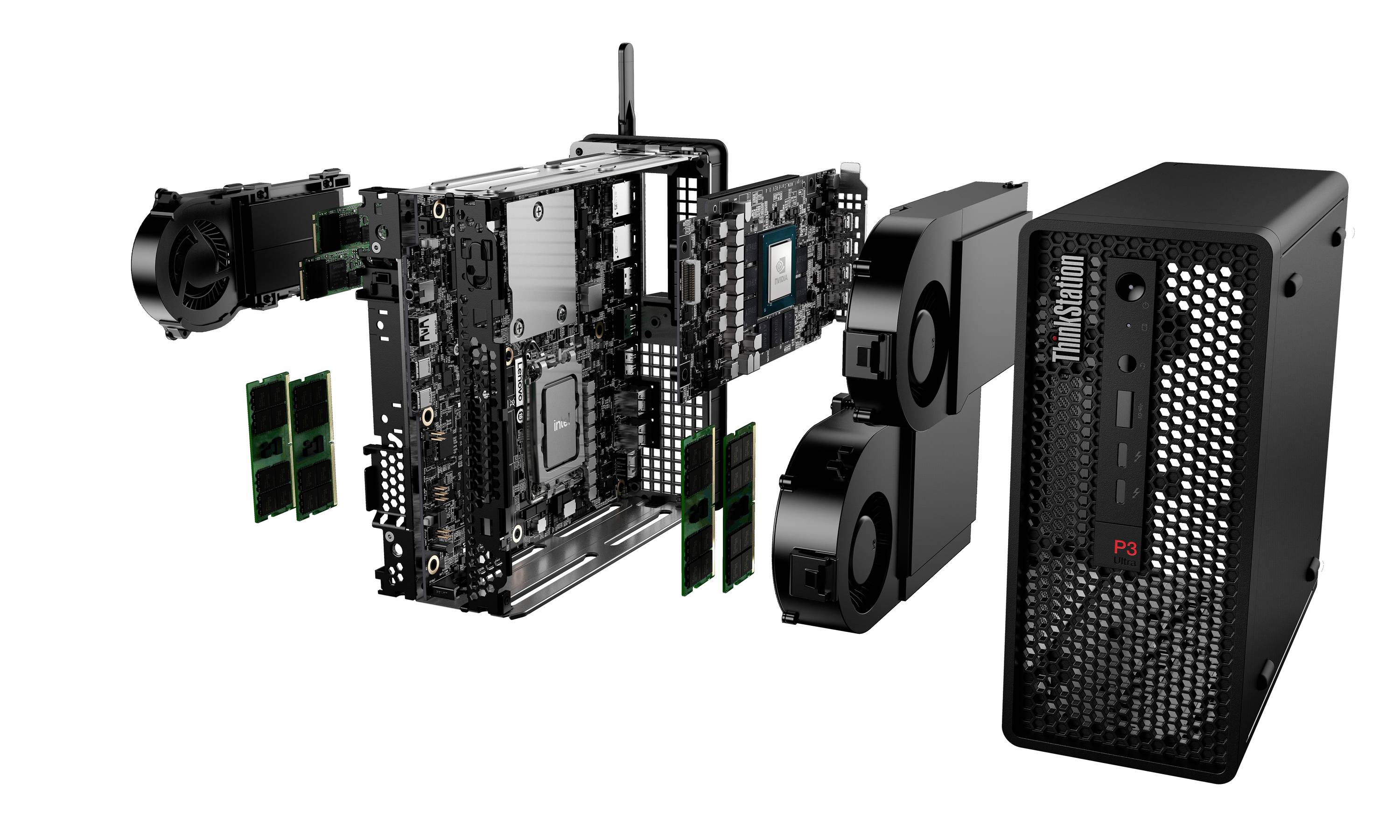 Explosionsdarstellung einer ThinkStation P3-Workstation mit internen Komponenten und Kühlteilen, die vom Tower-Gehäuse getrennt sind.
