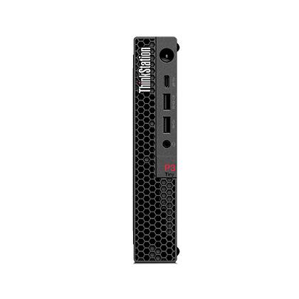 Vorderansicht eines Lenovo ThinkStation P3 Tiny Desktop-Computertowers mit belüftetem Frontpanel mit Wabenmuster und sichtbaren Stromversorgungs- und USB-Anschlüssen.