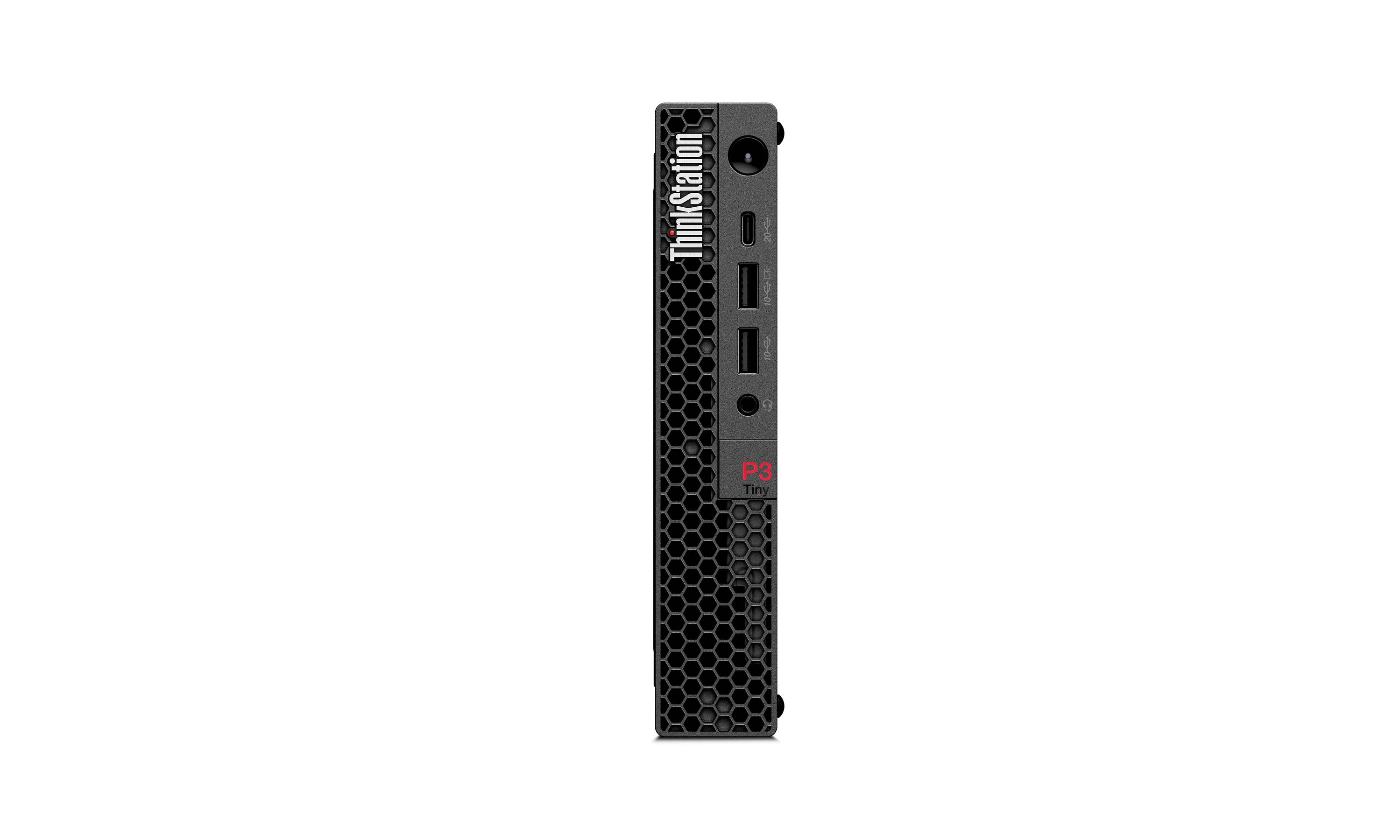 Vorderansicht eines schlanken schwarzen ThinkStation P3 Tiny Desktop-Computers mit sechseckiger Belüftung und vorderen USB-Anschlüssen.