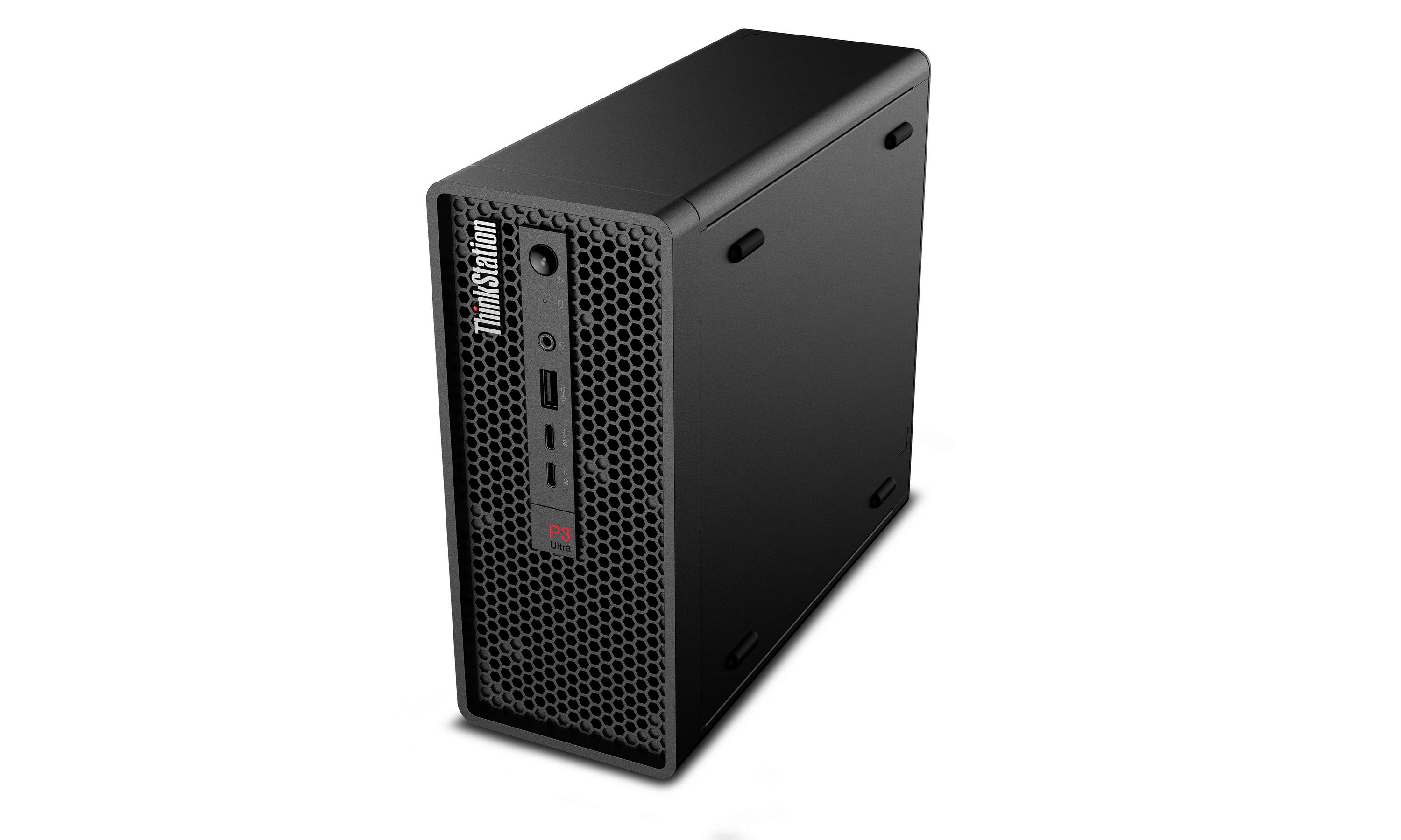 Schwarzer Lenovo ThinkCentre Desktop-Tower-Computer in Dreiviertellansicht auf weißem Hintergrund.
