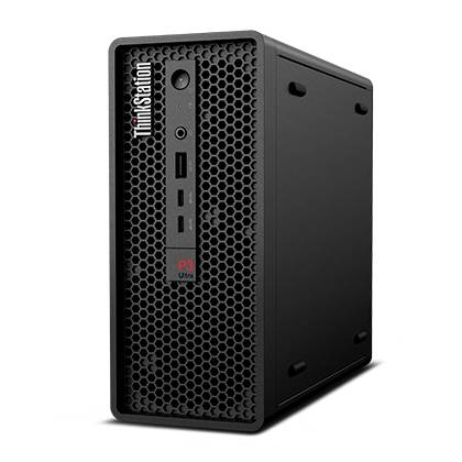 Schwarzer ThinkStation P3 Ultra Desktop-Workstation-Tower mit frontalem Wabengitter und vertikalen Stromversorgung/USB-Anschlüssen.