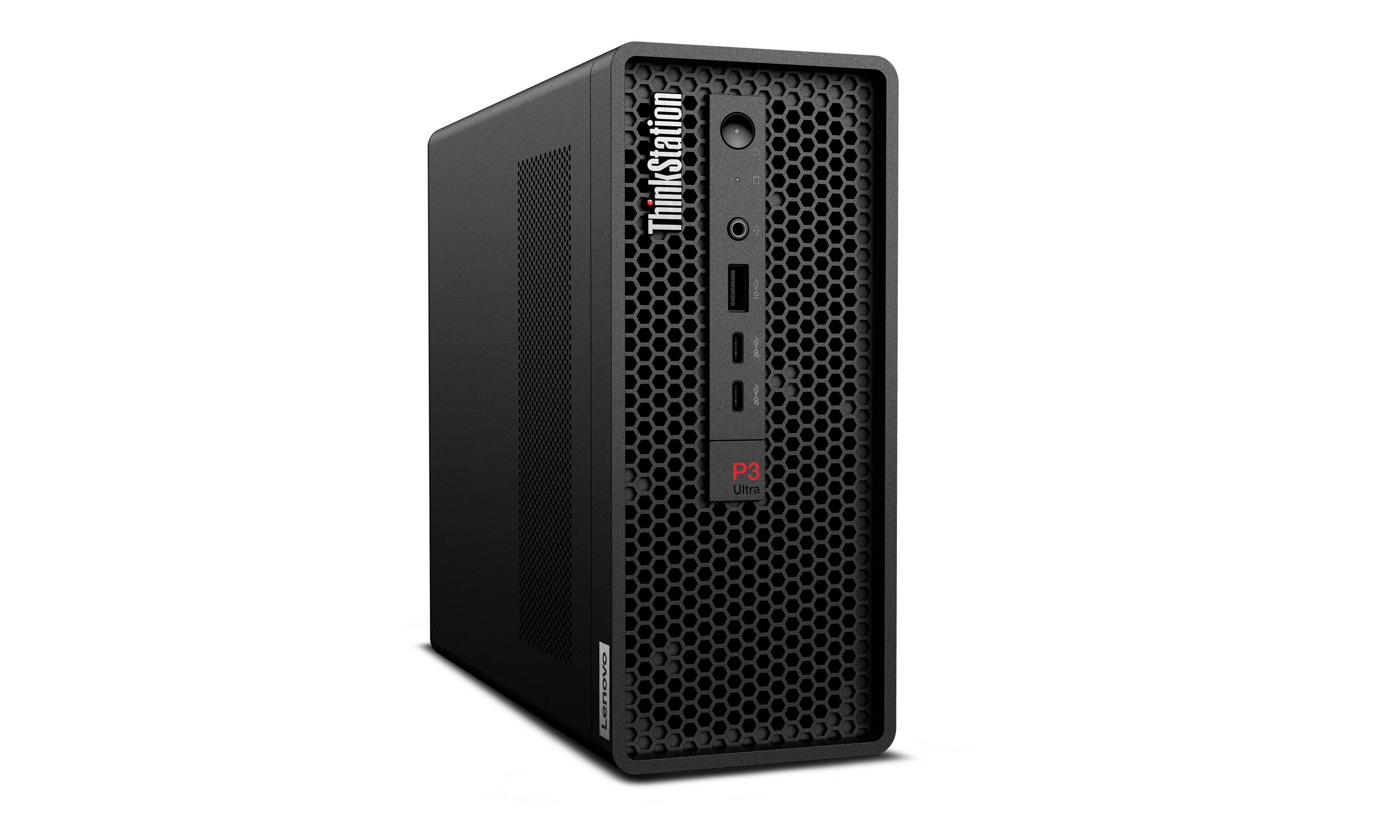 Schwarzer ThinkStation P3 Desktop-Workstation-Tower mit perforiertem vorderen Gitter und vorderen USB-Anschlüssen.