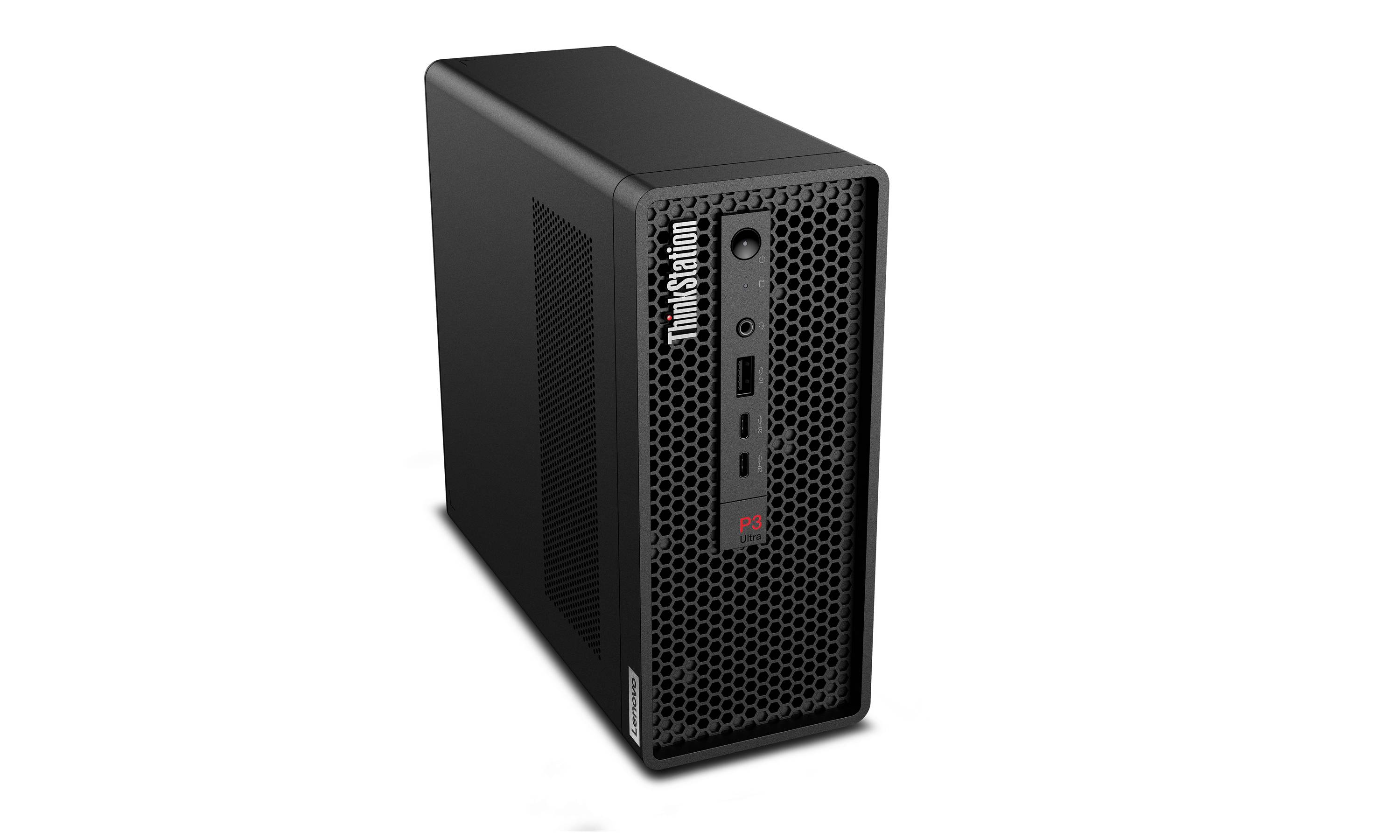 Schwarzes Lenovo Tower-Desktop-Computergehäuse mit vorderen Lüftungsöffnungen und USB-Anschlüssen, gezeigt auf weißem Hintergrund.