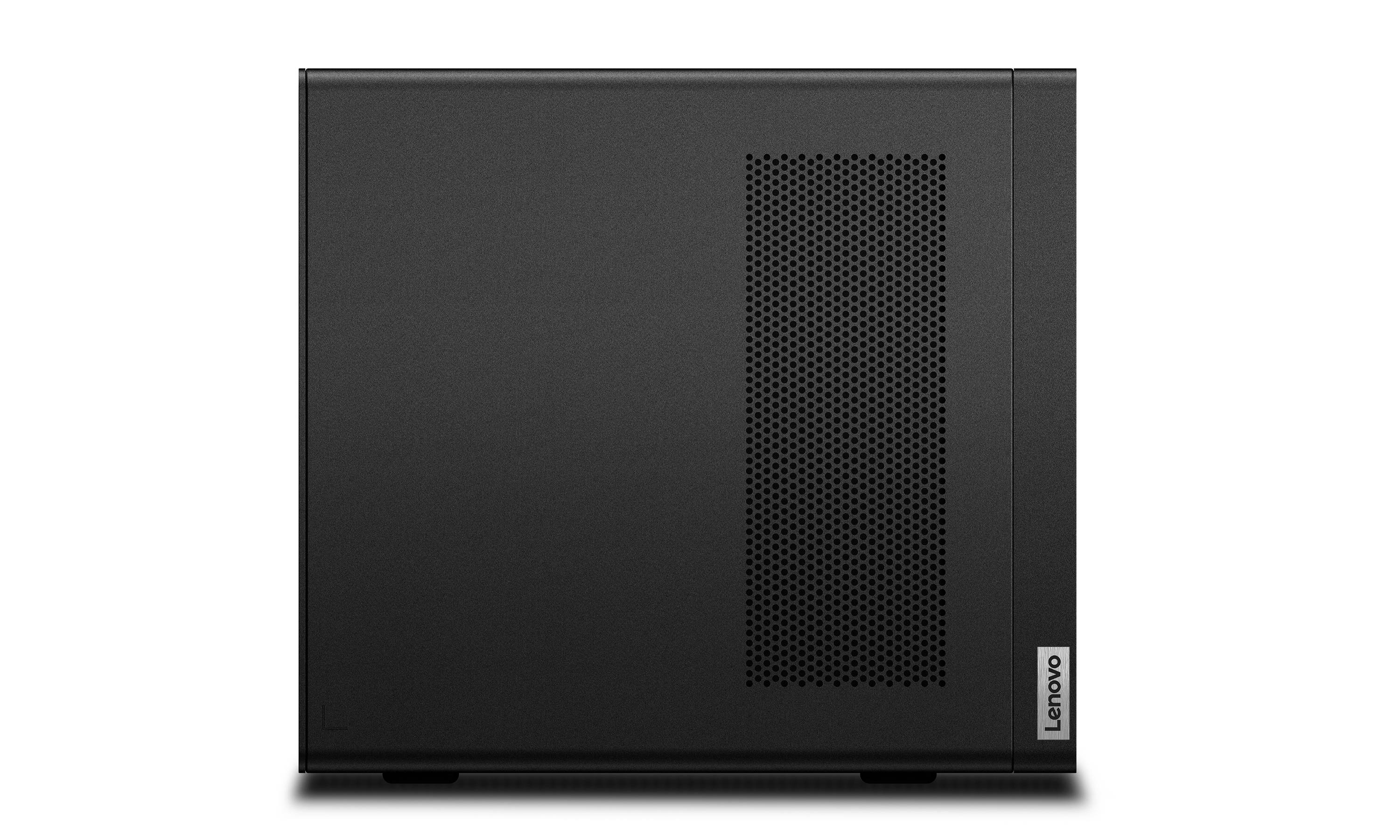 Schwarzer Lenovo-Desktop-Computerturm frontal dargestellt mit perforiertem Lüftungsgitter und kleinem Lenovo-Logo unten rechts.