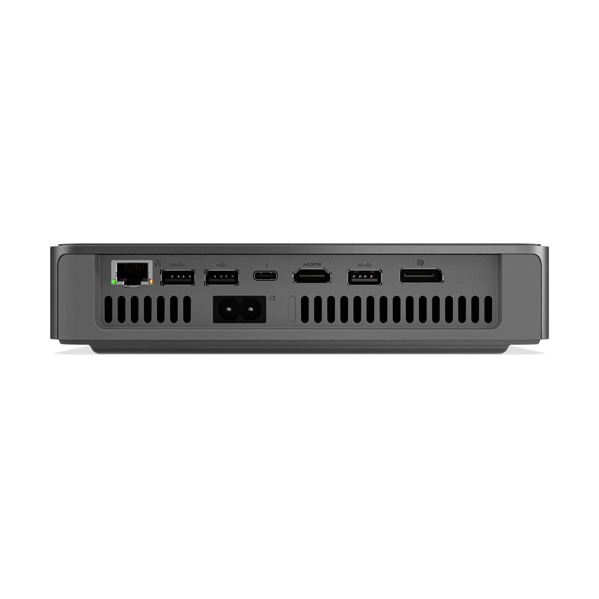 Rückansicht eines kleinen grauen Geräts mit Ethernet, mehreren USB-Anschlüssen, HDMI, Stromeingang und Belüftungsschlitzen.