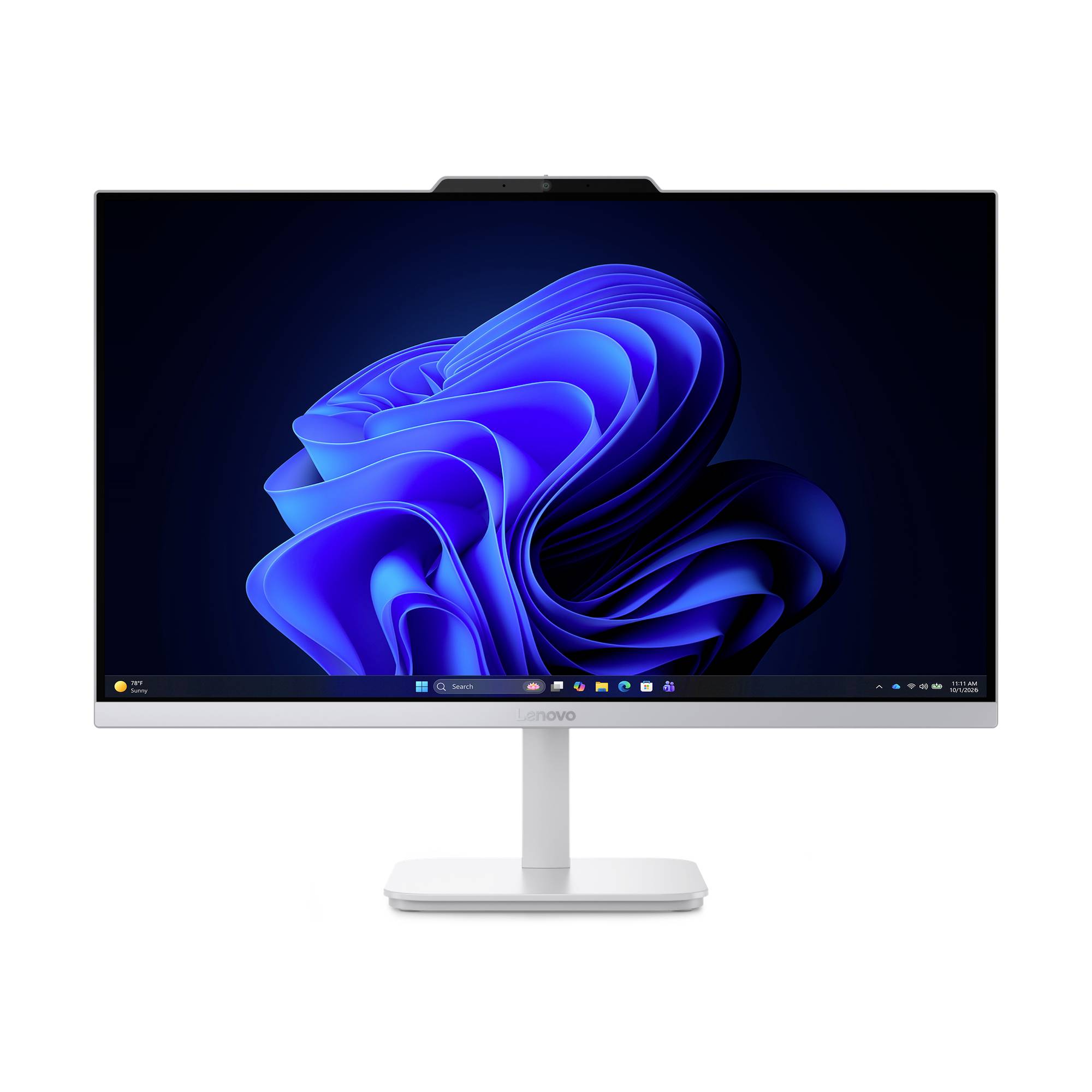 Weißer Lenovo-Desktop-Monitor, der auf schwarzem Bildschirm ein abstraktes blaues Wirbelmuster im Windows-11-Stil anzeigt, auf einem Ständer vor weißem Hintergrund.