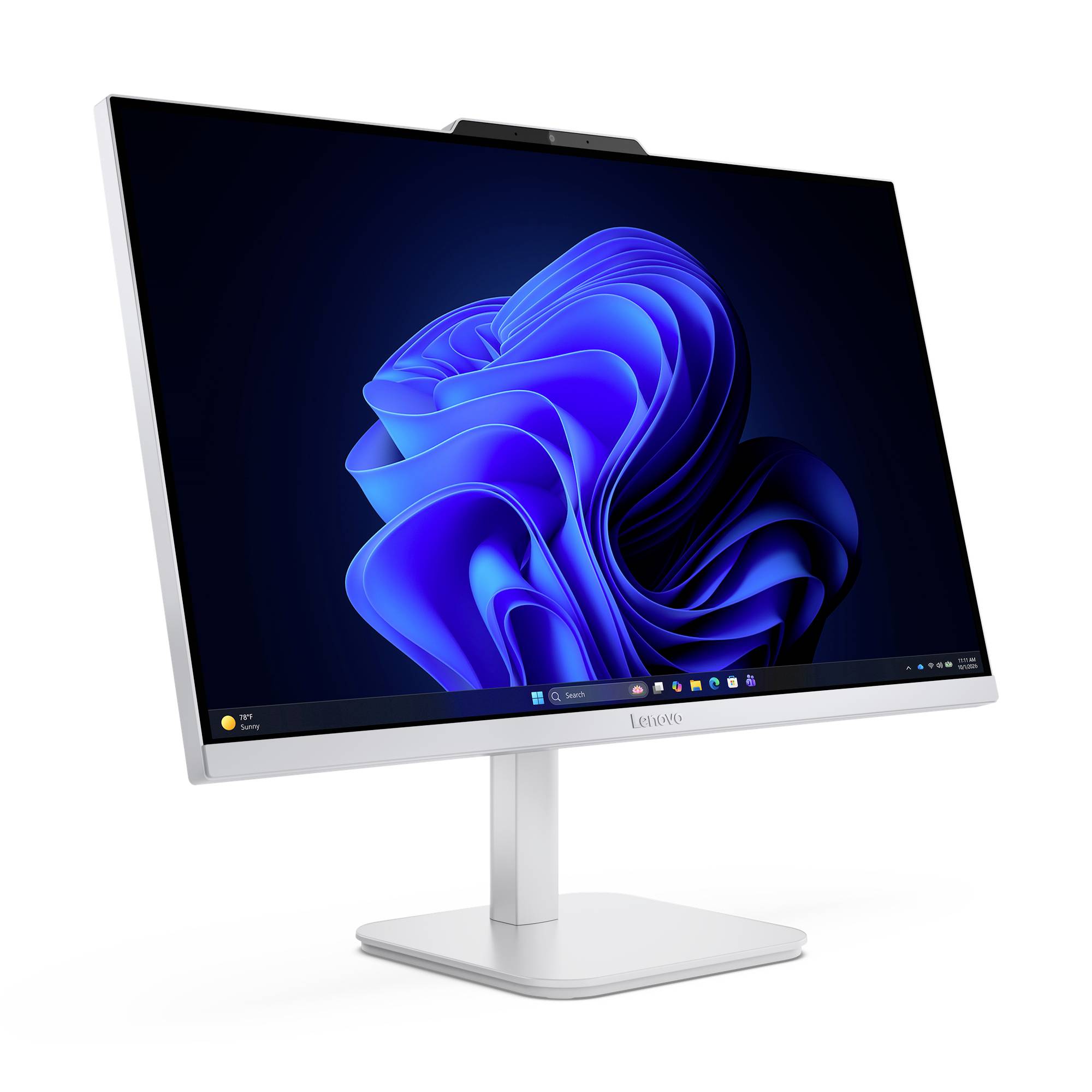 Weißer Lenovo-Desktop-Monitor mit Windows-11-blauer abstrakter Tapete auf einem Ständer, isoliert auf weißem Hintergrund.