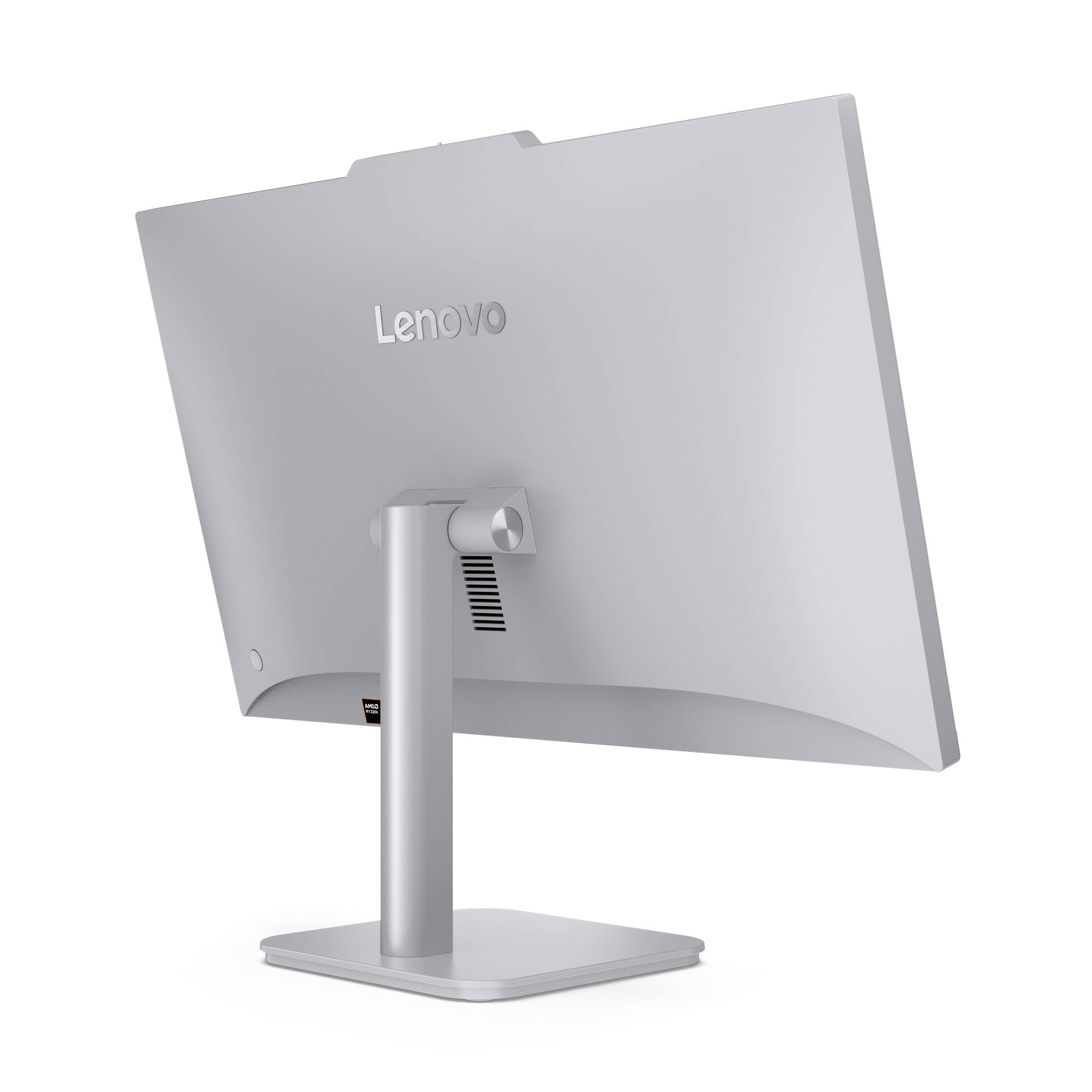 Rückansicht eines silbernen Lenovo-Desktop-Monitors auf einem Ständer, die die gebogene Rückseite und die zentrale Halterung zeigt.