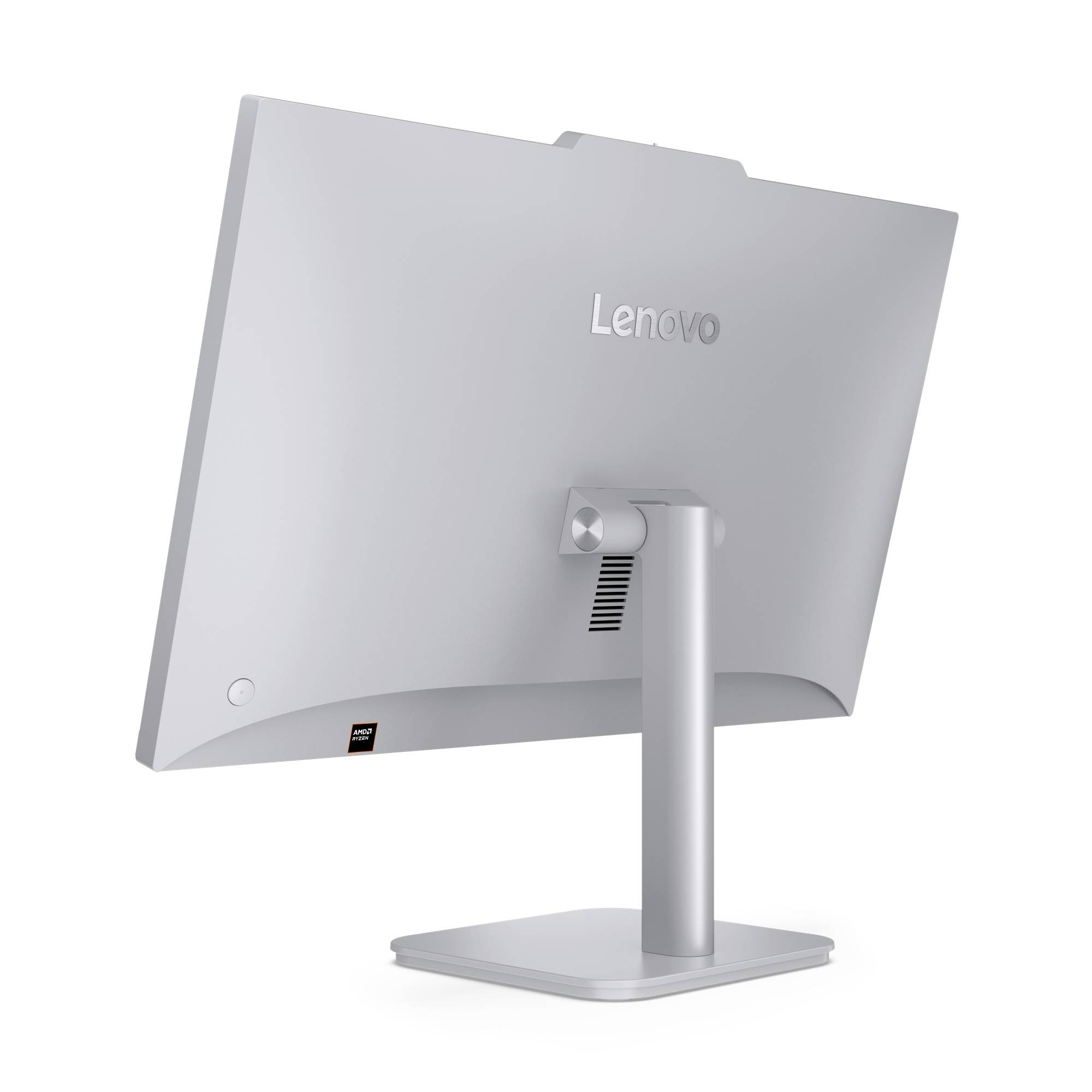 Rückansicht eines silbernen Lenovo-Desktop-Monitors auf einem Ständer, der die Rückseite, den Haltearm und die Basis auf weißem Hintergrund zeigt.
