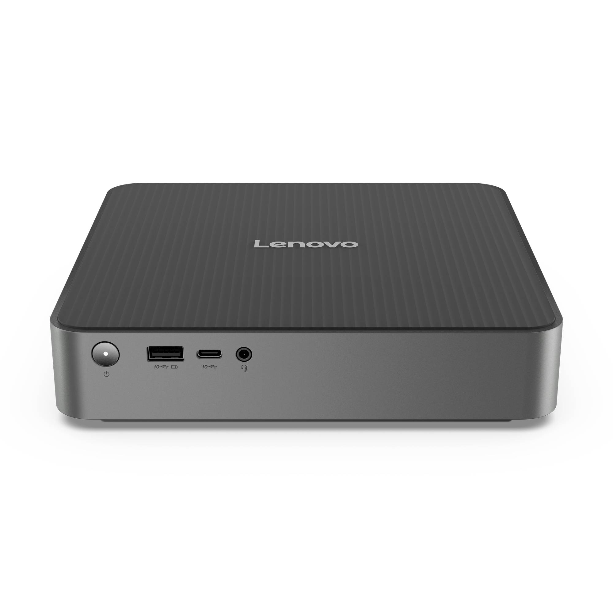 Lenovo Mini-Desktop-Computer mit Ein-/Aus-Schalter und vorderen USB-, USB-C- und Kopfhöreranschlüssen.