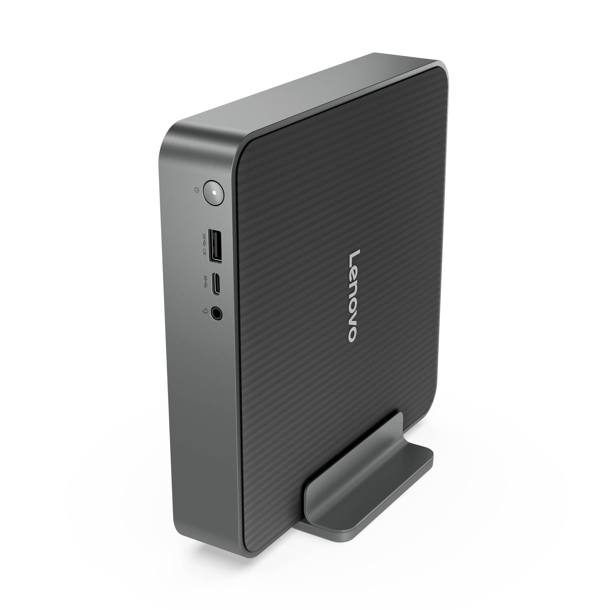 Lenovo kompakter Desktop-Computer in aufrechter Position mit vorderen Anschlüssen, Ein-/Ausschalter und integriertem vertikalem Ständer.