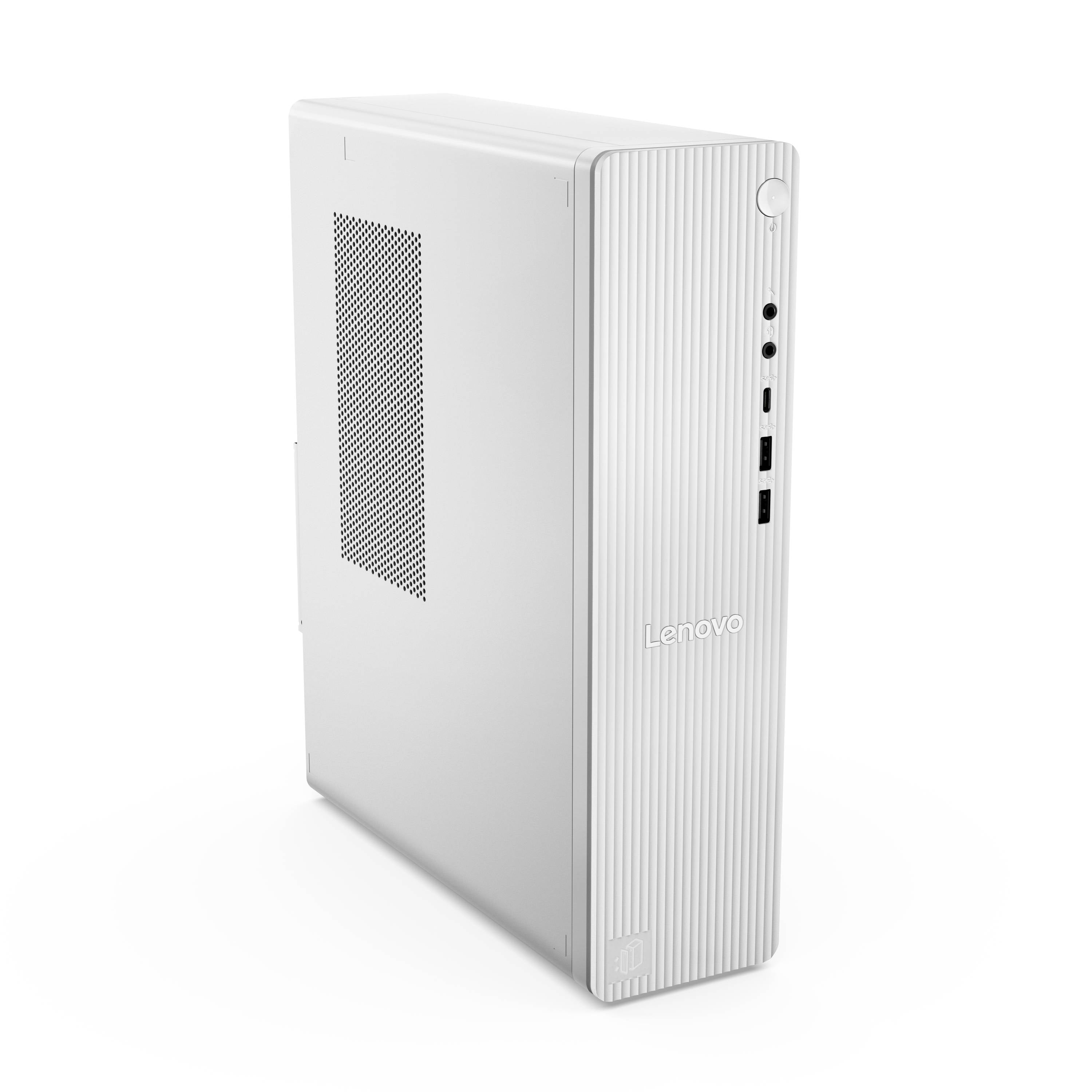 Weißer Lenovo-Desktop-Turm-PC in Schrägansicht, mit vorderen Anschlüssen und seitlichem Belüftungsgitter auf einfachem weißem Hintergrund.