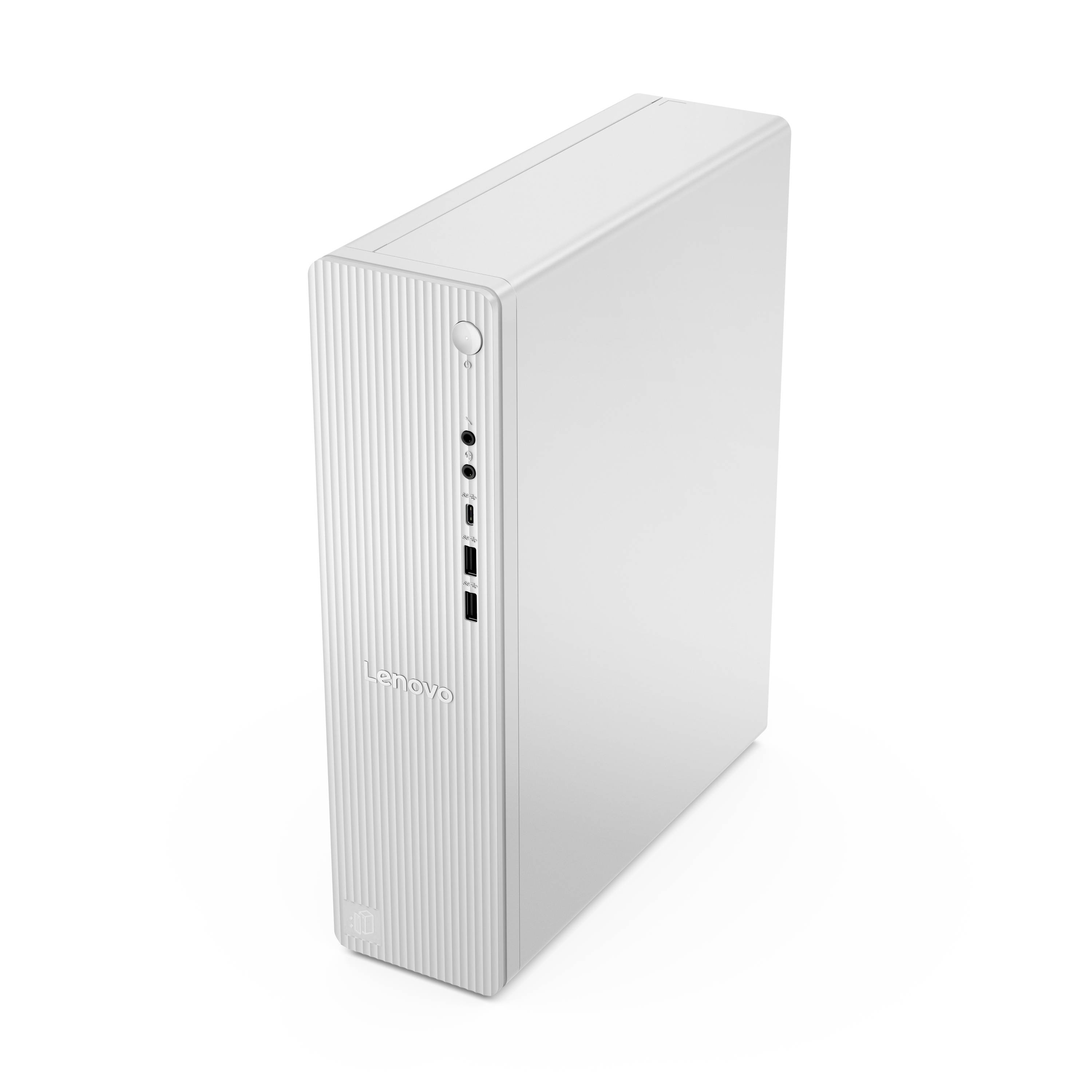 Weißer Lenovo-Desktop-Computer-Tower, in einem Winkel auf einfachem weißem Hintergrund abgebildet, mit sichtbaren Frontpaneel-Anschlüssen und Ein-/Ausschalter.