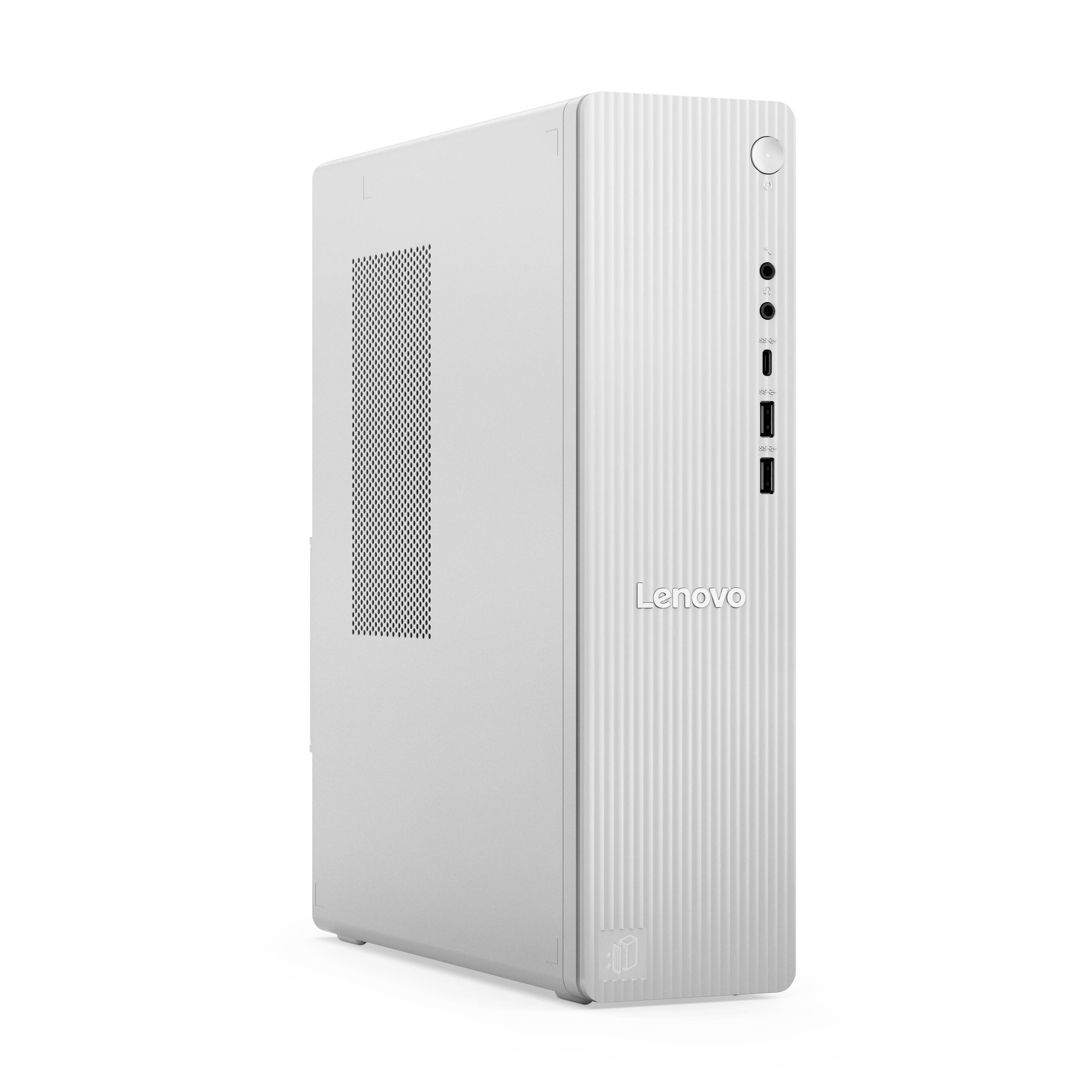 Weißes Lenovo-Desktop-Turm-Computergehäuse mit vorderen USB- und Audioanschlüssen und seitlichem Belüftungspanel, dargestellt auf einfachem Hintergrund.