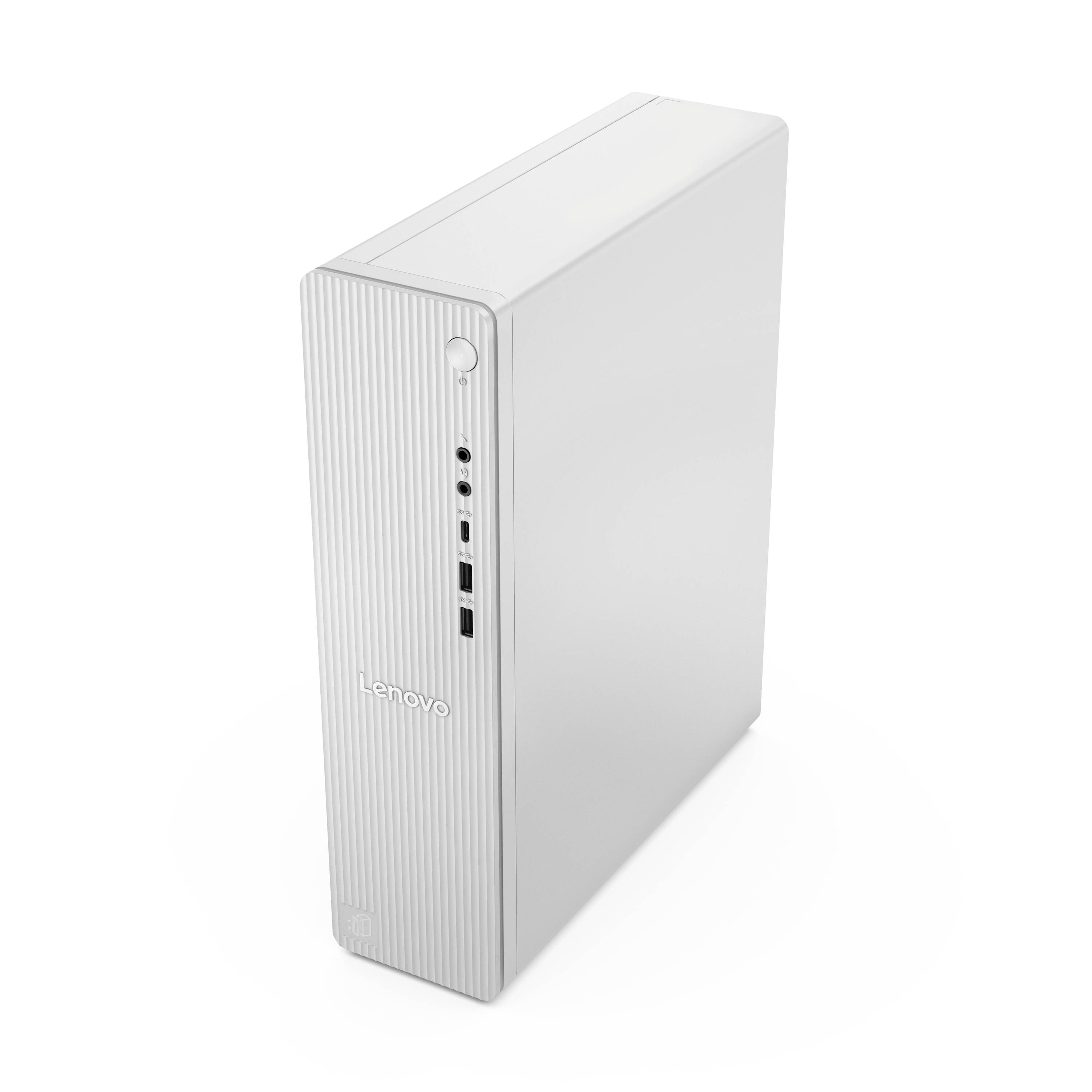 Weißes Lenovo-Desktop-Tower-Computergehäuse in Schrägansicht, mit sichtbarem Stromschalter vorne und USB-/Audioanschlüssen.