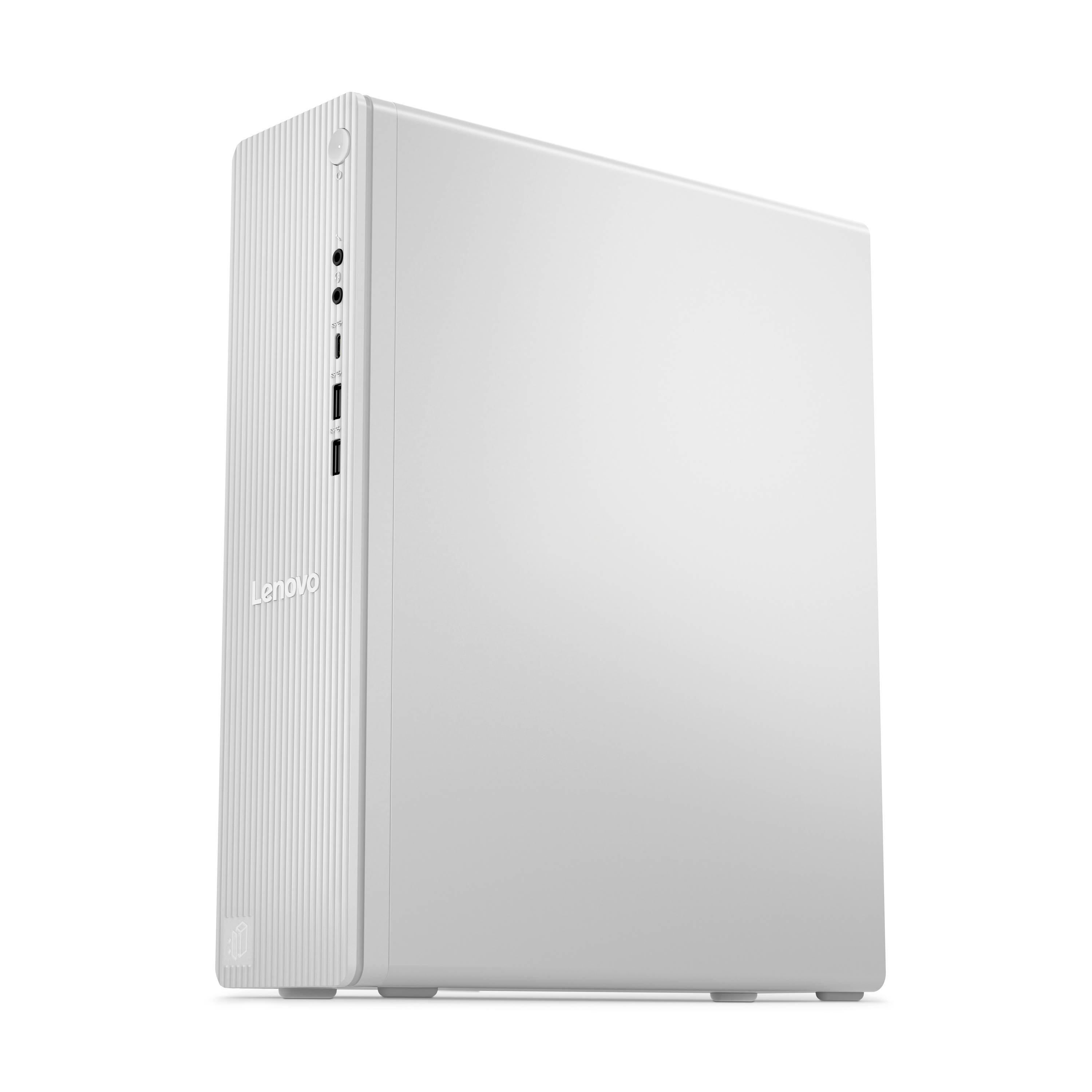 Silberner Lenovo-Desktop-Turm-Computer mit vorderen Anschlüssen und geripptem Seitenpaneel, isoliert auf weißem Hintergrund dargestellt.