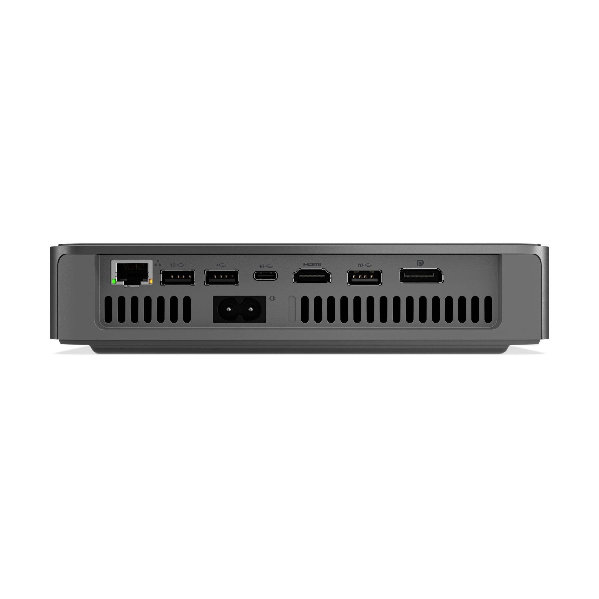 Rückansicht eines grauen elektronischen Geräts mit Anschlüssen, einschließlich Ethernet, USB, HDMI, Stromeingang und Lüftungsschlitzen.
