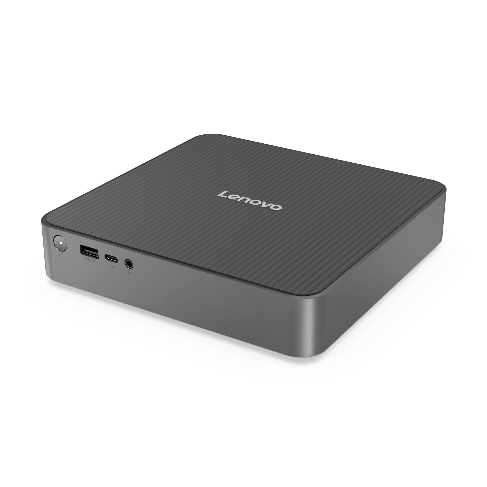 Schwarzer Lenovo Mini-Desktop-Computer mit Stromschalter an der Vorderseite, USB-Anschlüssen und Audiobuchse auf weißem Hintergrund