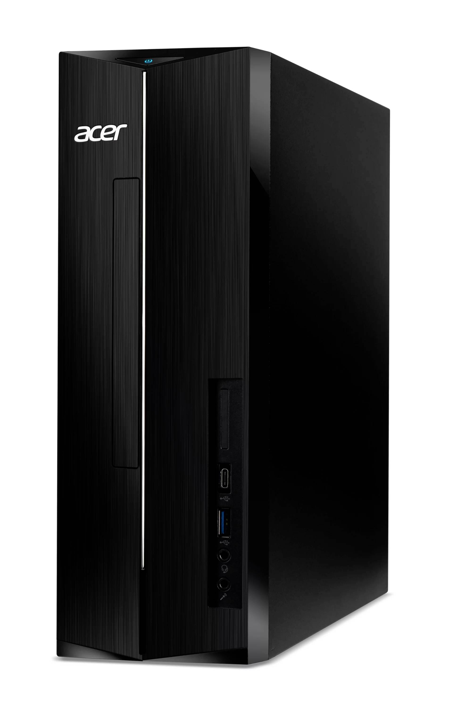 Schwarzer Acer-Desktop-Tower-PC mit vorderen USB- und Stromanschlüssen, auf weißem Hintergrund dargestellt.