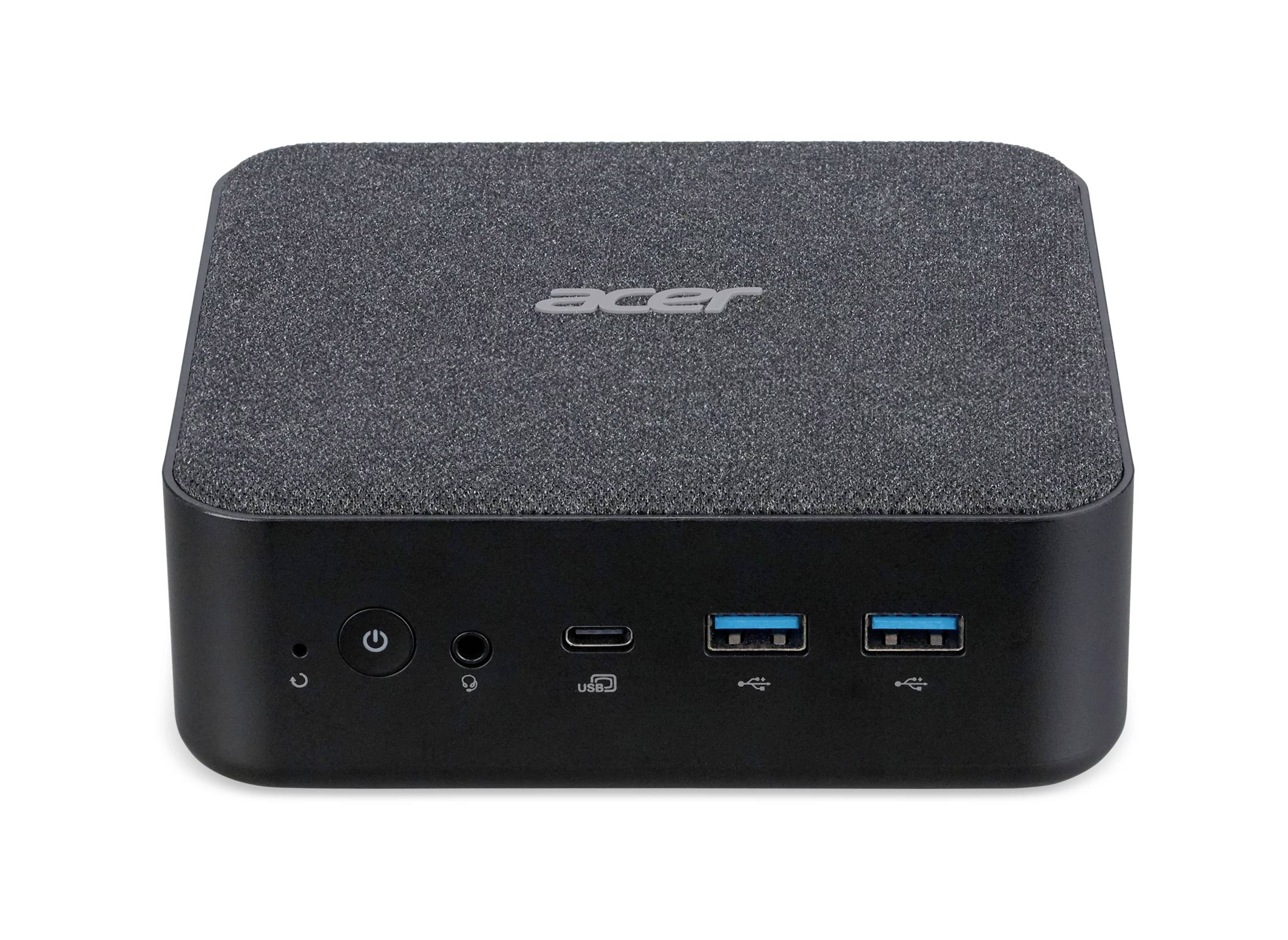 Frontansicht eines kompakten Acer Mini-PCs mit Ein-/Ausschalter, USB-C und zwei USB-A-Anschlüssen auf der Frontblende.