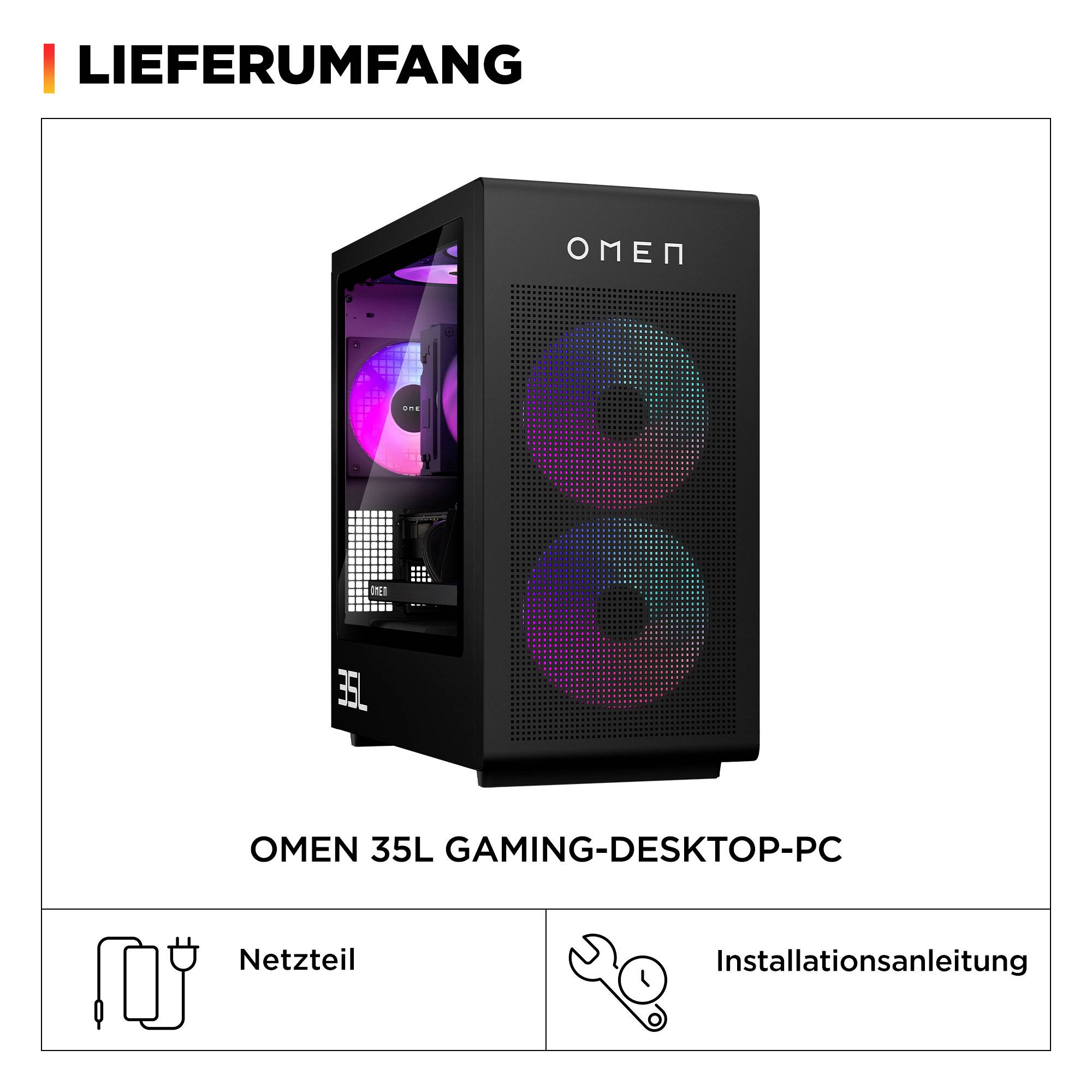 OMEN 35L Gaming-Desktop-PC im Lieferumfang dargestellt, mit Netzteil und Installationsanleitung enthalten.