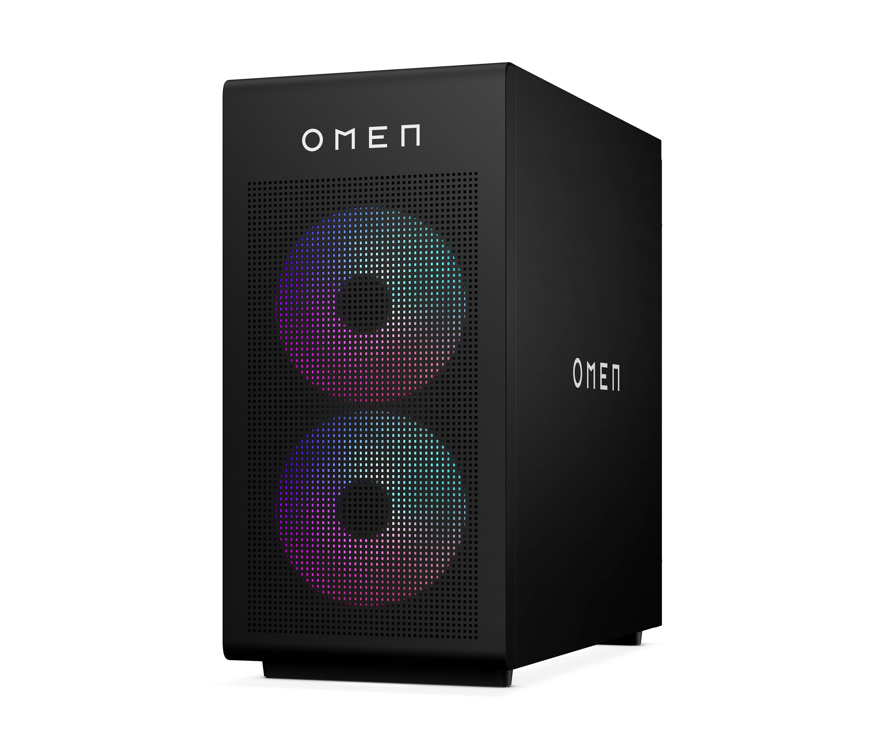Schwarzer OMEN Desktop-PC-Tower mit zwei RGB-beleuchteten Lüftern an der Front hinter einem perforierten Gitter.