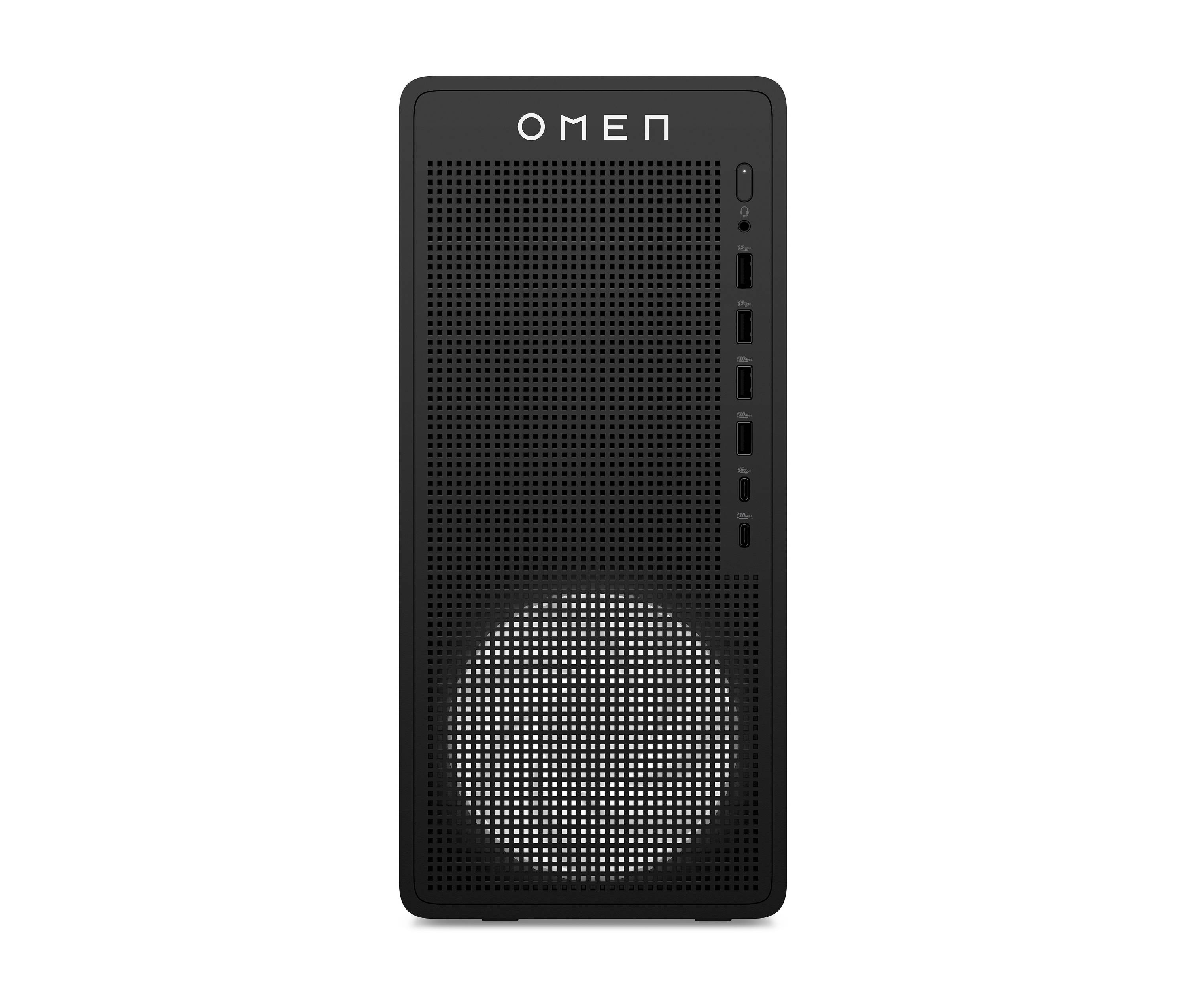 Schwarzer OMEN Desktop-PC-Tower mit durchlochtem Frontpanel, kreisförmigem beleuchtetem Gitter in der Nähe des unteren Bereichs und Frontanschlüssen entlang der rechten Kante.