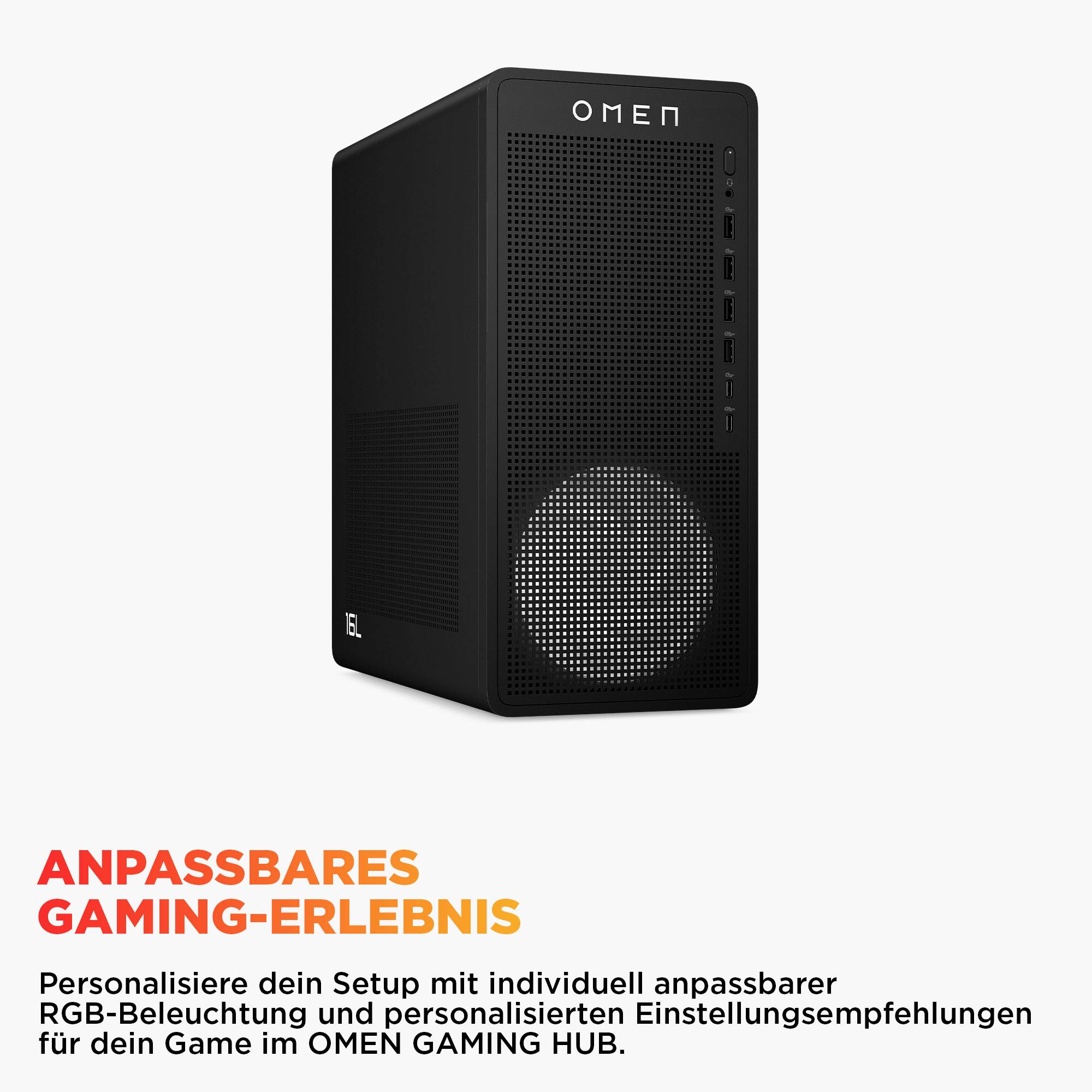 Schwarzer OMEN Gaming-Desktopcomputer mit vorderem RGB-Lüfter und Werbetexten zum "ANPASSBAREN GAMING-ERLEBNIS" über anpassbare RGB-Beleuchtung und Einstellungen im OMEN Gaming Hub.