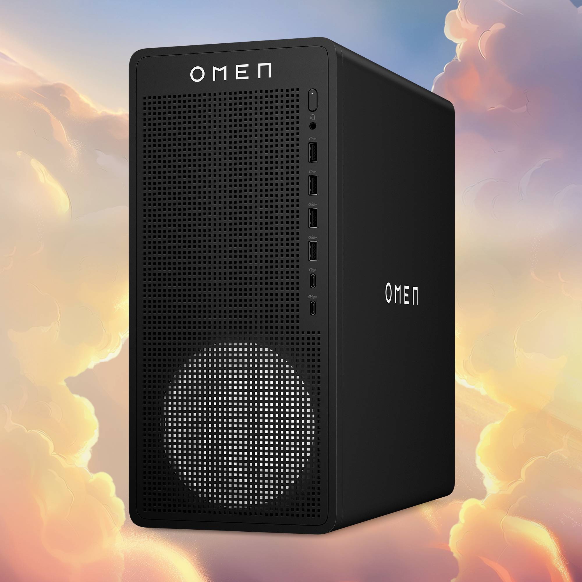 Schwarzer HP OMEN Desktop-Tower mit perforiertem Frontpanel, vorderen Anschlüssen und beleuchtetem kreisförmigem Einlassventilator vor einem wolkigen Pastellhintergrund.