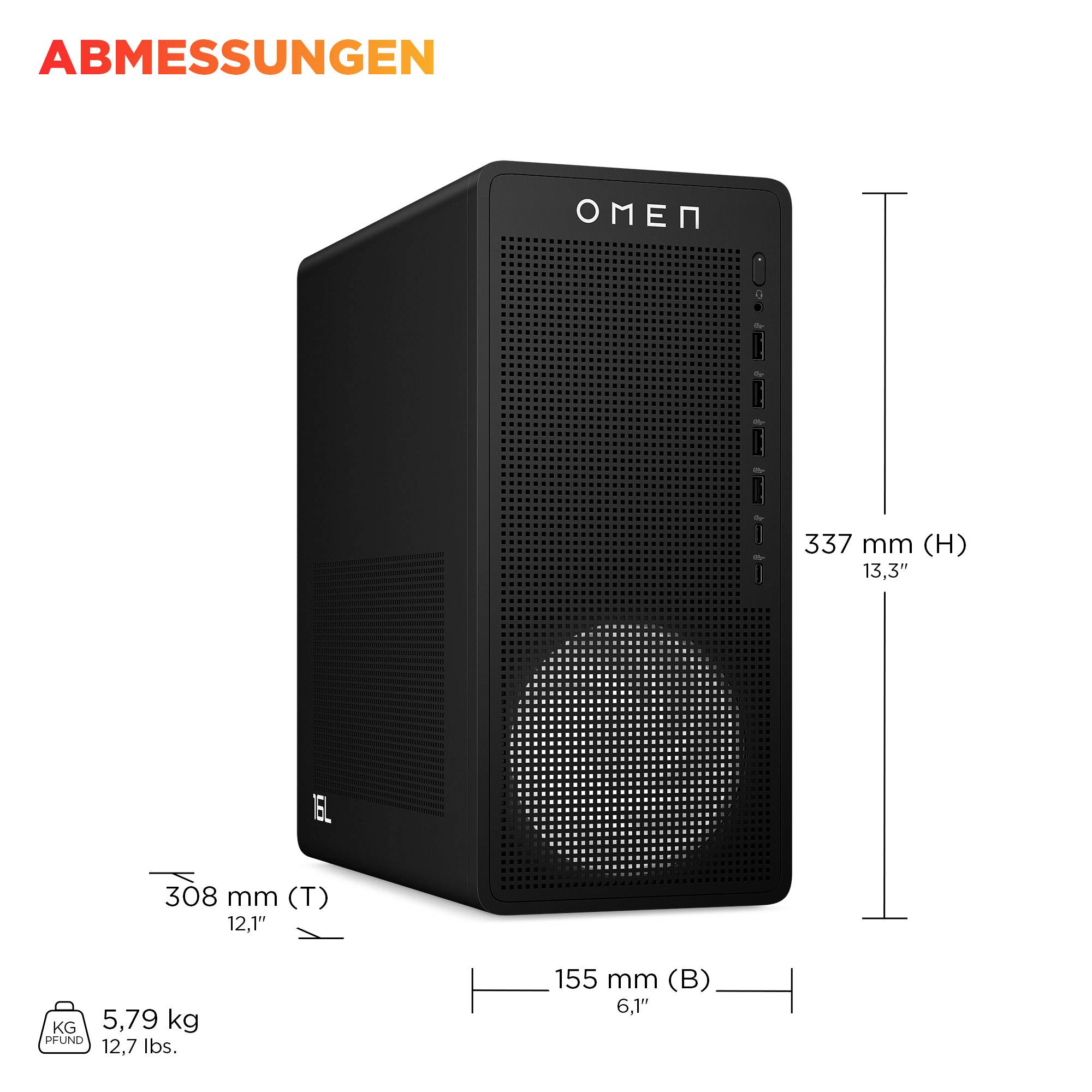 OMEN Desktop-Tower Abmessungen: 337 mm hoch, 155 mm breit, 308 mm tief; Gewicht 5,79 kg.