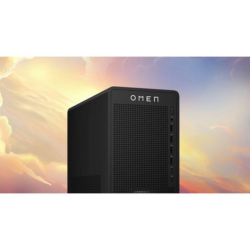 Schwarzer OMEN-Desktop-Tower, gezeigt vor einem sanften Himmelshintergrund bei Sonnenuntergang, mit sichtbarem Frontpanel und oberem Logo.