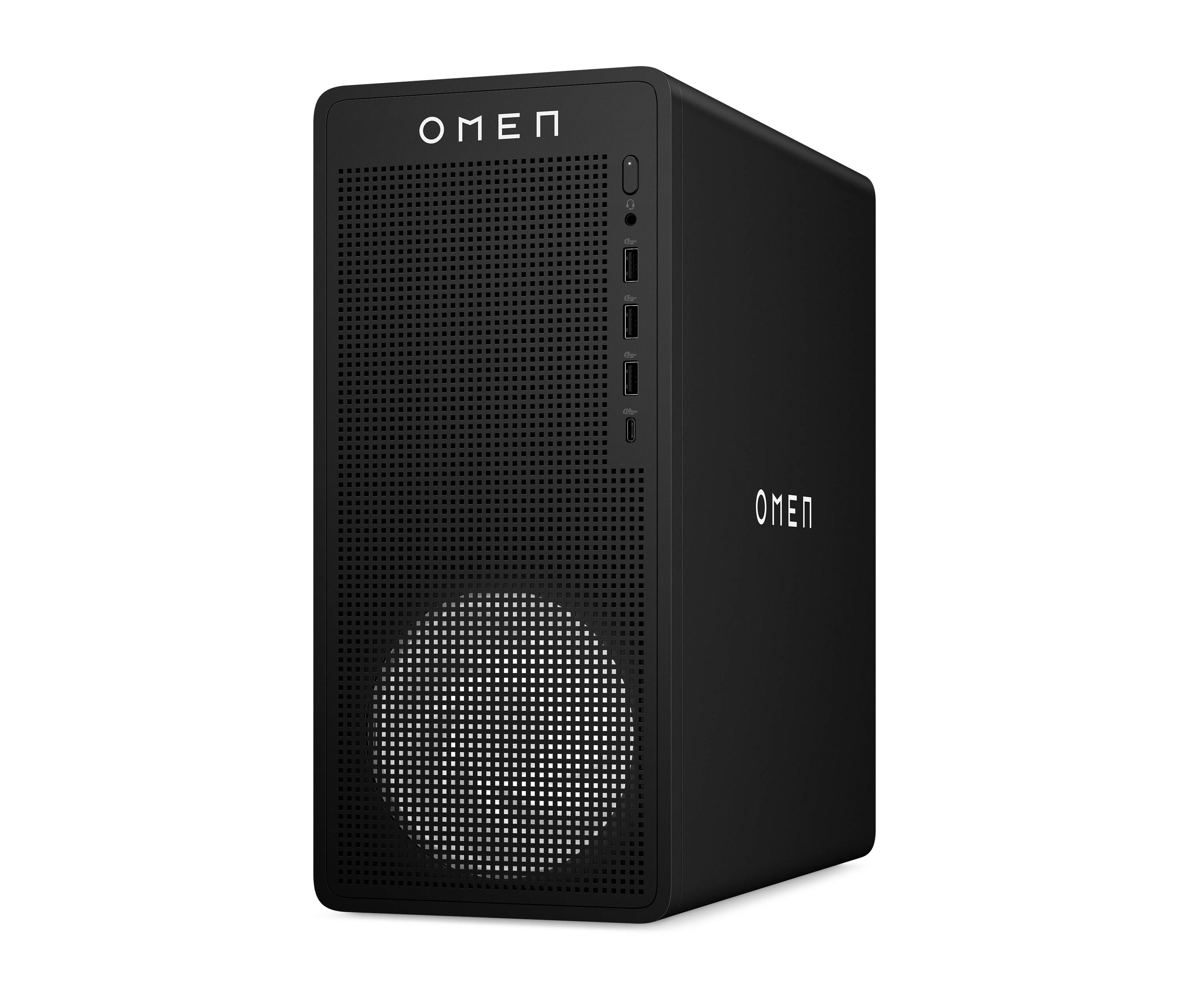 Schwarzes HP Omen Desktop-Tower-Gehäuse mit frontaler Belüftung, rundem unterem Gitter und vorderen USB-Anschlüssen