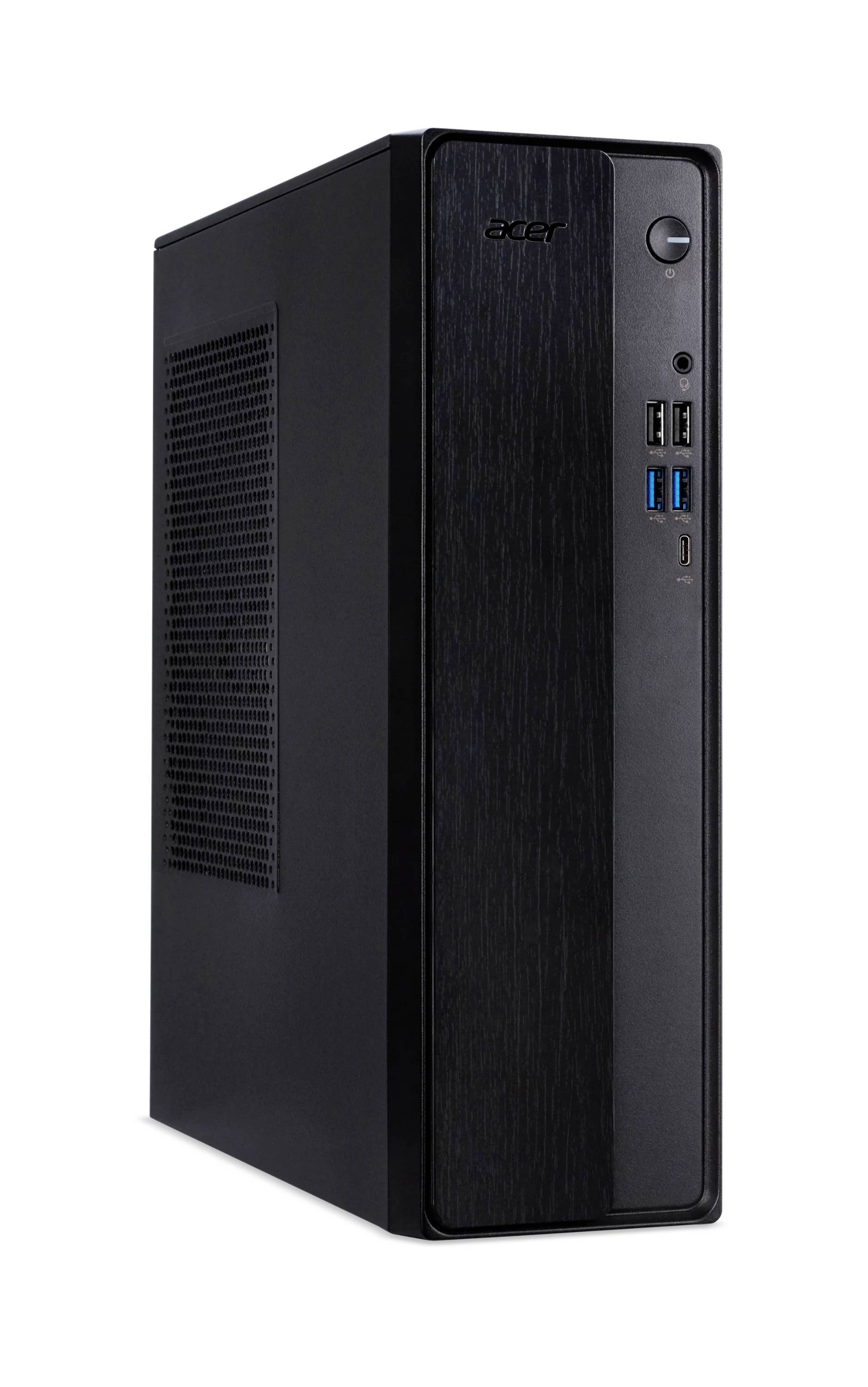 Schwarzer Acer-Desktop-Turmcomputer-Gehäuse im Winkel fotografiert, mit sichtbaren vorderen USB- und Audioanschlüssen.