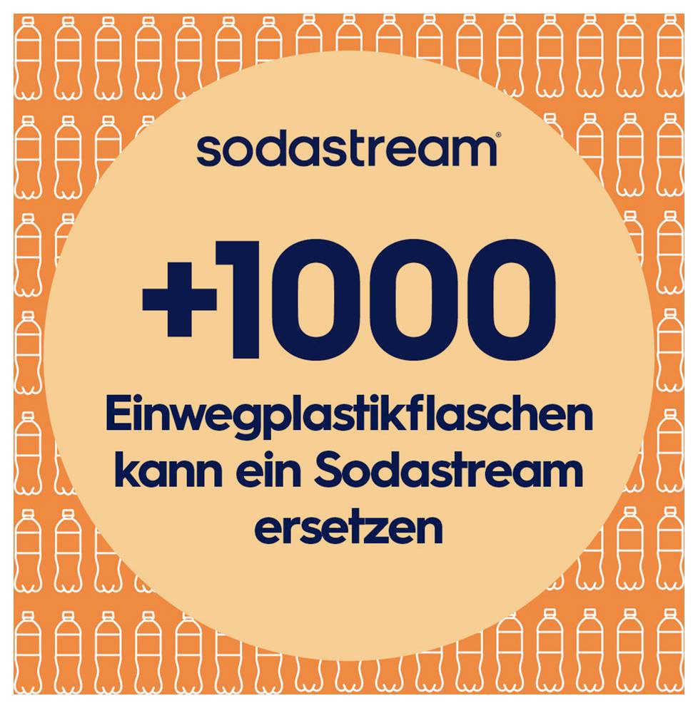 SodaStream-Anzeige mit Orangenflaschendesign und Text „+1000 Einwegplastikflaschen kann ein Sodastream ersetzen" mit Werbung zum Ersetzen von 1.000 Einwegplastikflaschen.