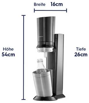 Produktabmessungen-Diagramm eines Sodawassersprudlers: 16 cm breit, 54 cm hoch und 26 cm tief.