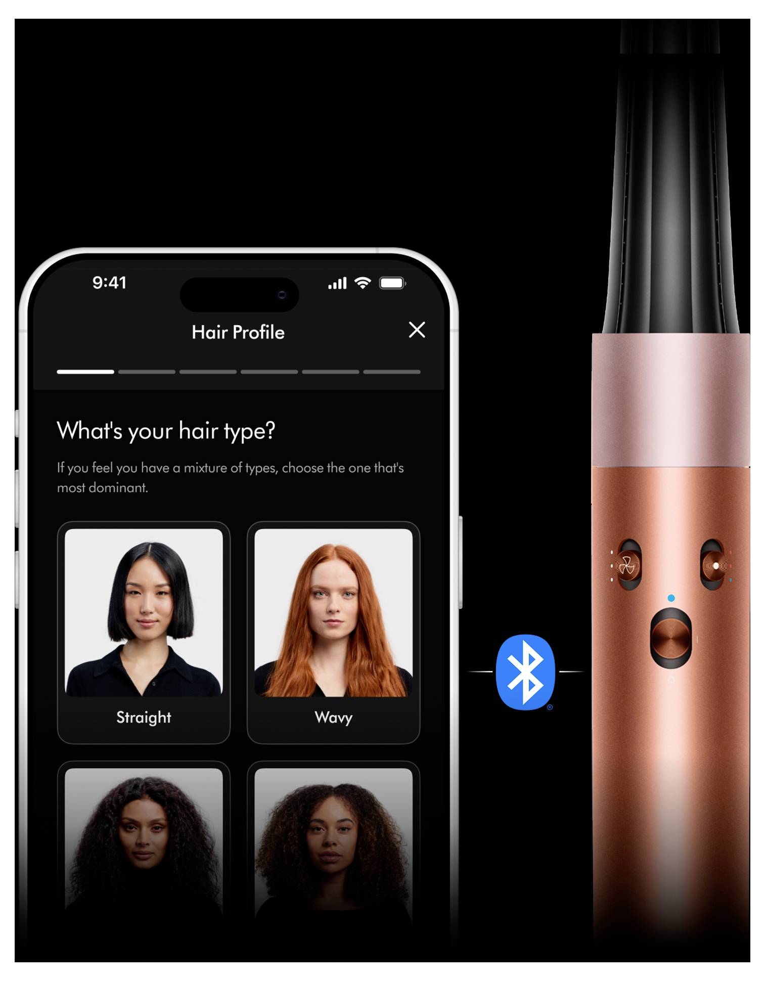 Smartphone-Bildschirm zeigt ein Haarprofile-Setup und fragt „Was ist dein Haartyp?" mit den Optionen Glatt und Wellig; Ein Bluetooth-Symbol verbindet ein intelligentes Lockenstab-Gerät daneben.