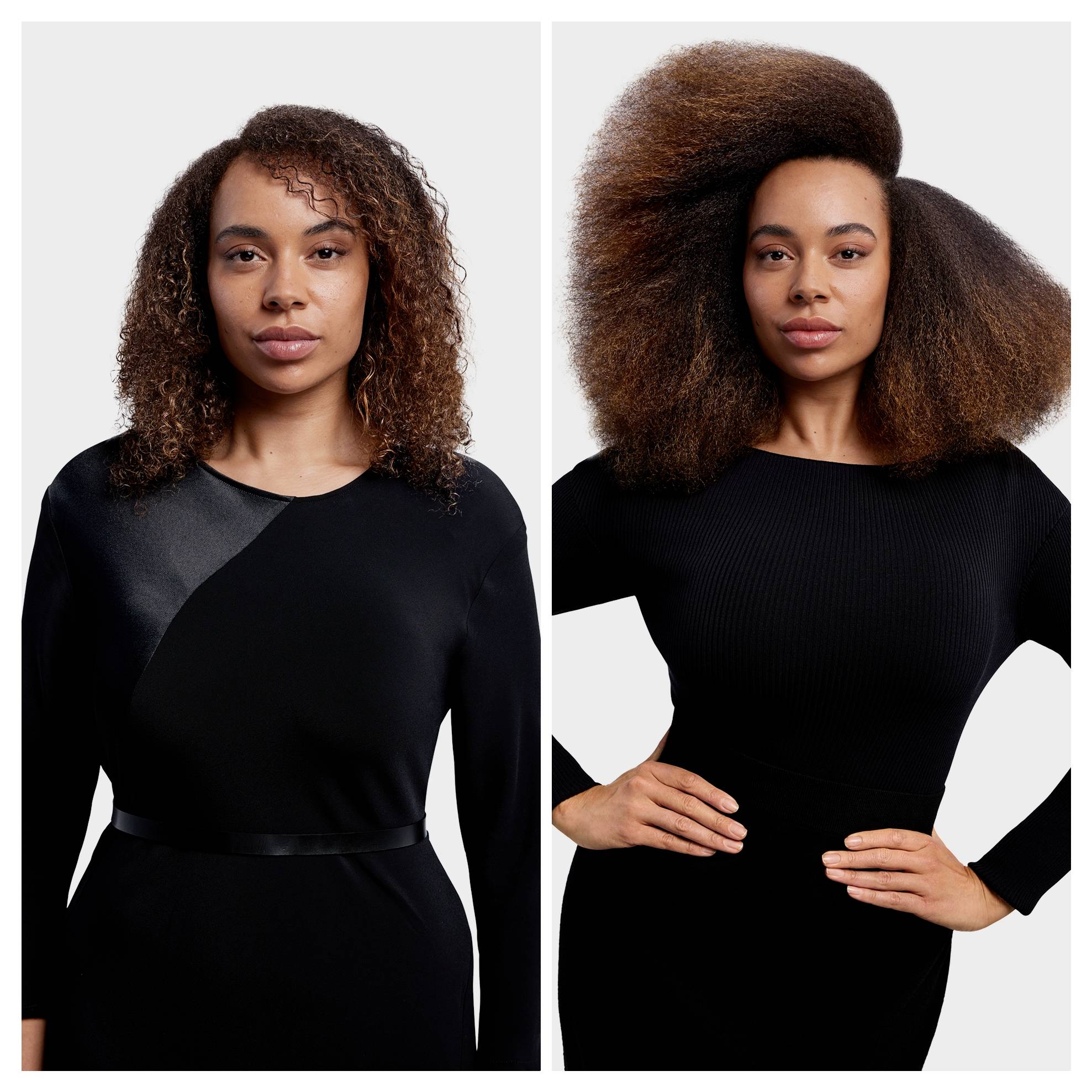 Nebeneinander angeordnete Porträts derselben Frau in einem schwarzen Kleid, die eine Haartransformation von schulterlangen Locken zu einer großen voluminösen Afrofrisur zeigen.